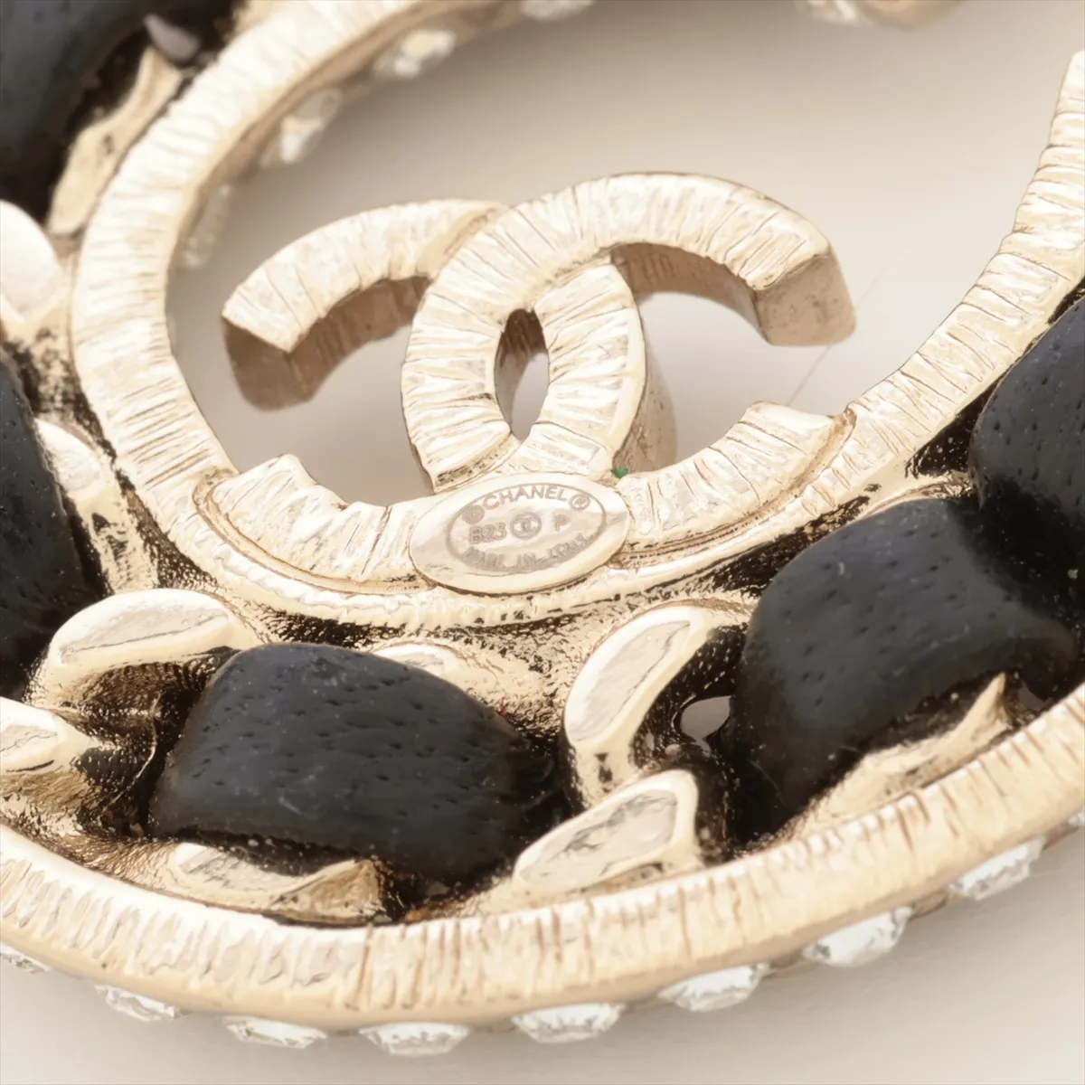 Coco Mark No. 5 B23P Earring (Pair, only one earring sold) GP x Rhinestone x Leather Black x Gold — view 4