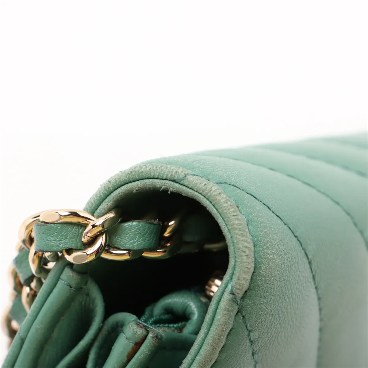 Chevron Lambskin Chain Wallet, V-stitch, Green, Gold Hardware, 23007158, Serial Number 23 — view 15