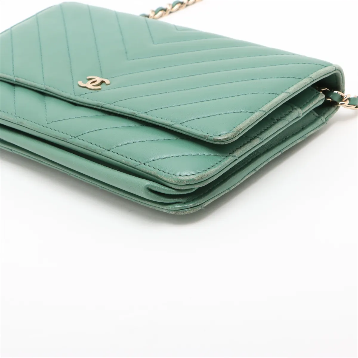 Chevron Lambskin Chain Wallet, V-stitch, Green, Gold Hardware, 23007158, Serial Number 23 — view 3