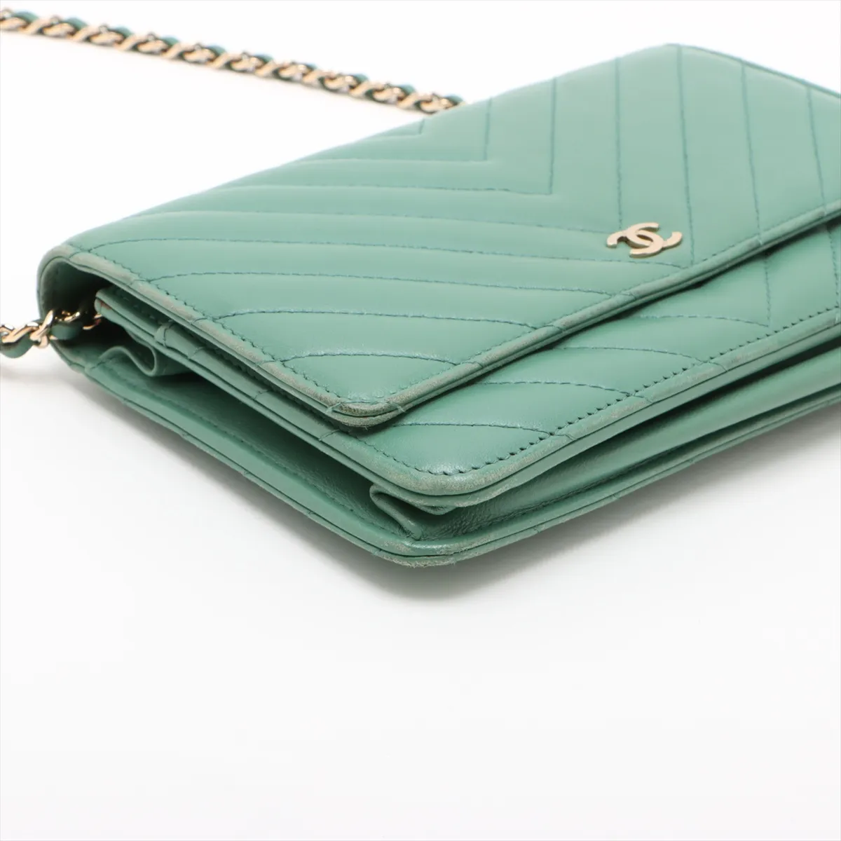 Chevron Lambskin Chain Wallet, V-stitch, Green, Gold Hardware, 23007158, Serial Number 23 — view 4
