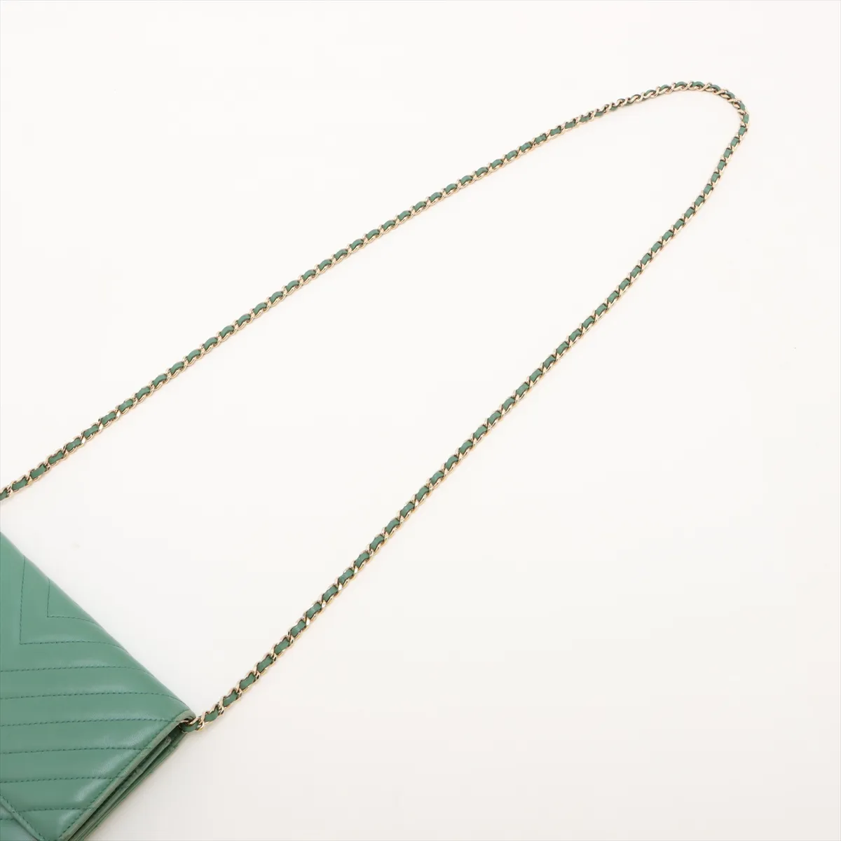 Chevron Lambskin Chain Wallet, V-stitch, Green, Gold Hardware, 23007158, Serial Number 23 — view 5