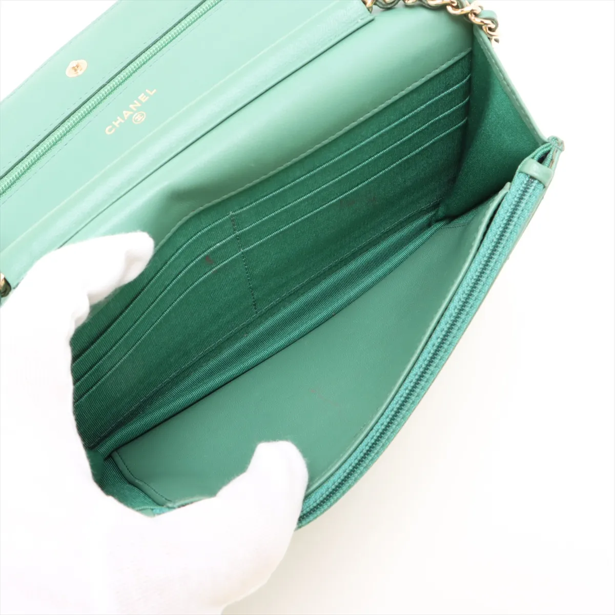 Chevron Lambskin Chain Wallet, V-stitch, Green, Gold Hardware, 23007158, Serial Number 23 — view 6