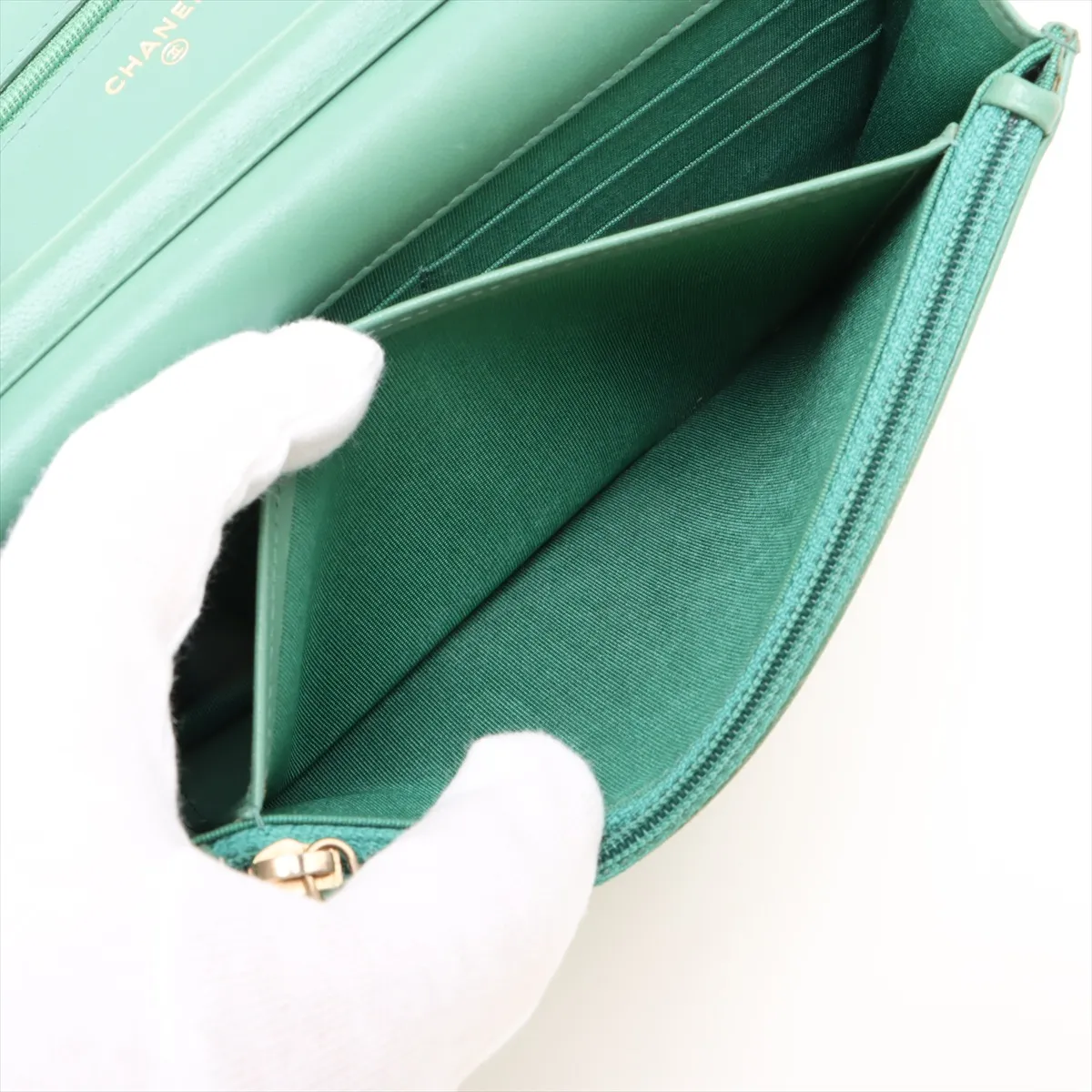 Chevron Lambskin Chain Wallet, V-stitch, Green, Gold Hardware, 23007158, Serial Number 23 — view 7