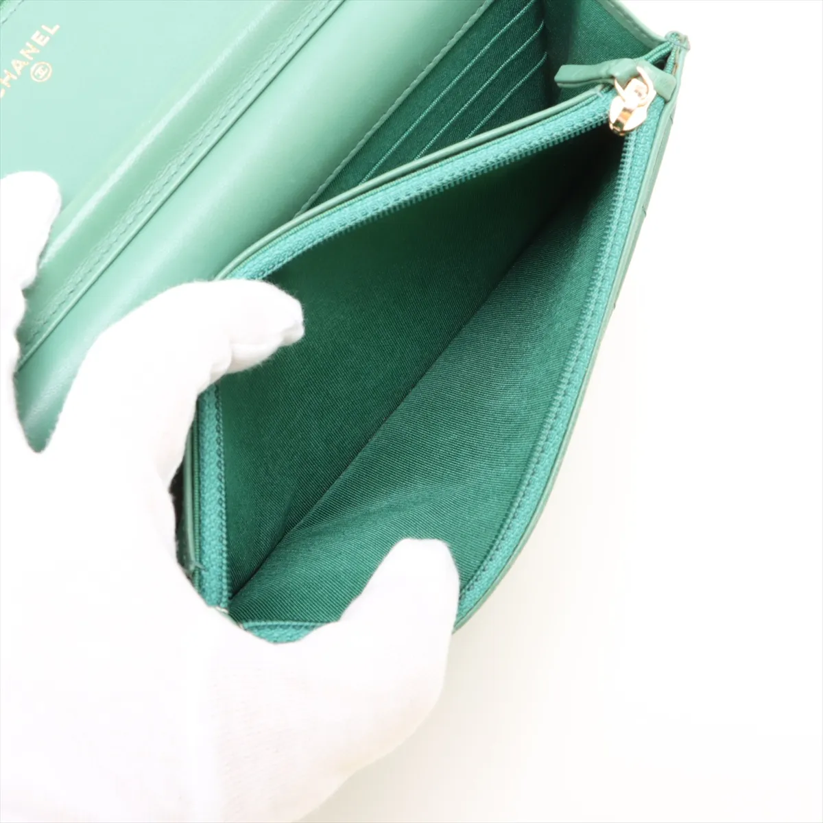 Chevron Lambskin Chain Wallet, V-stitch, Green, Gold Hardware, 23007158, Serial Number 23 — view 8