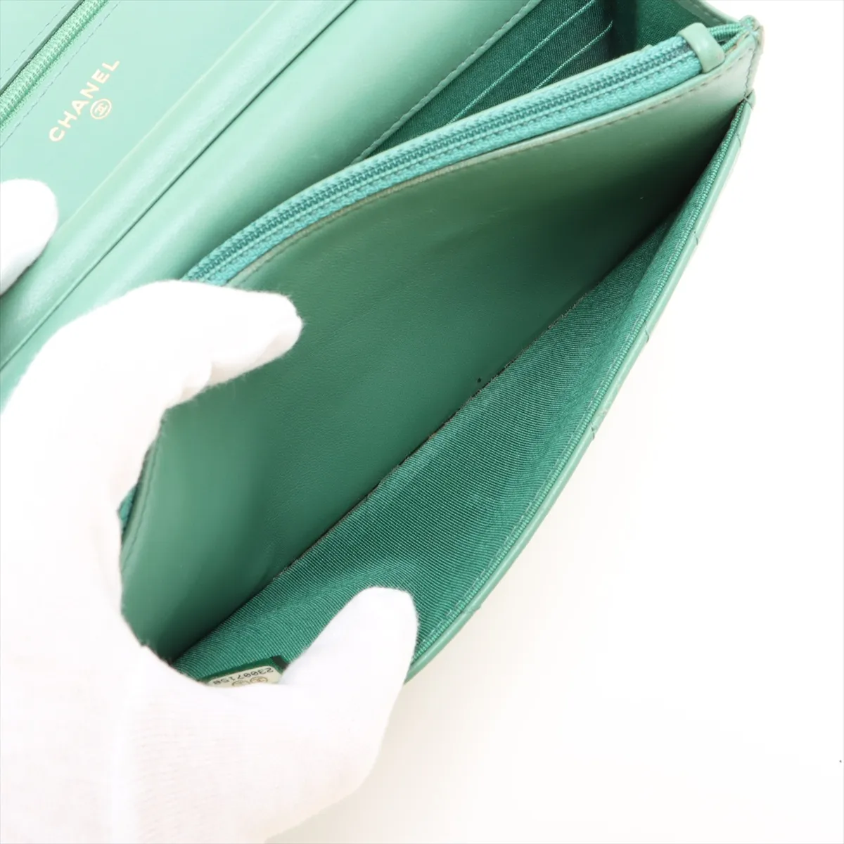 Chevron Lambskin Chain Wallet, V-stitch, Green, Gold Hardware, 23007158, Serial Number 23 — view 9