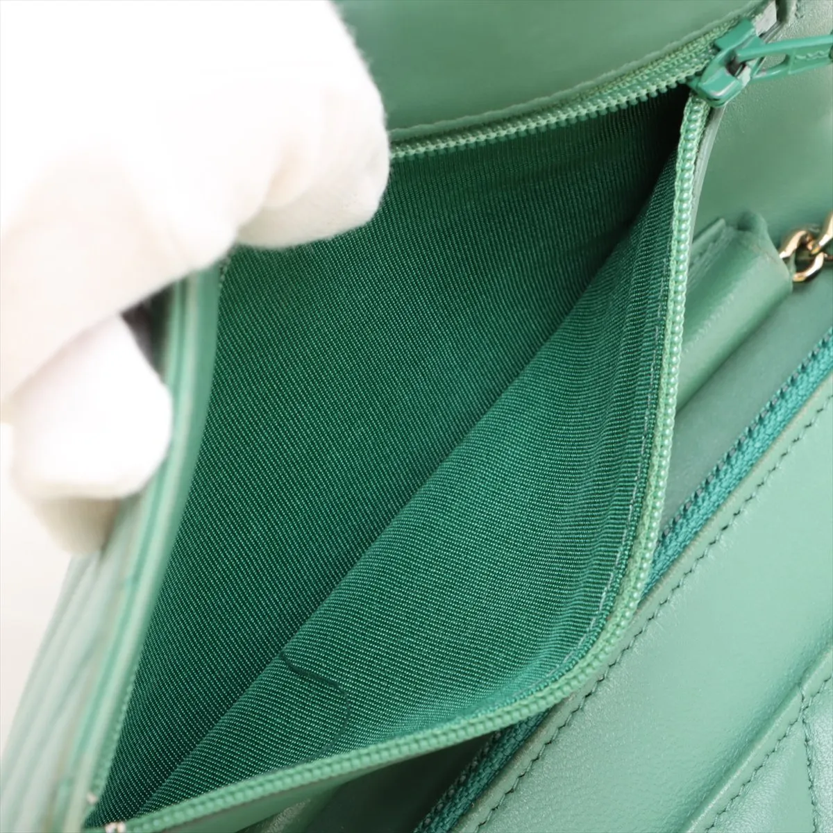 Chevron Lambskin Chain Wallet, V-stitch, Green, Gold Hardware, 23007158, Serial Number 23 — view 10