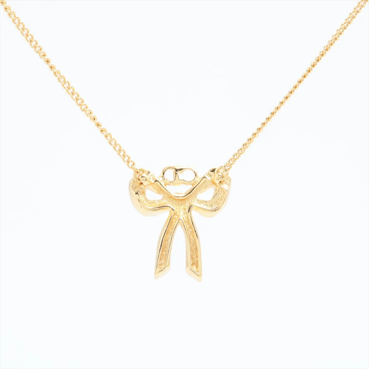 CD Ribbon Necklace, Gold Plated with Rhinestones, Shows wear, tarnishing, and discoloration. — view 2