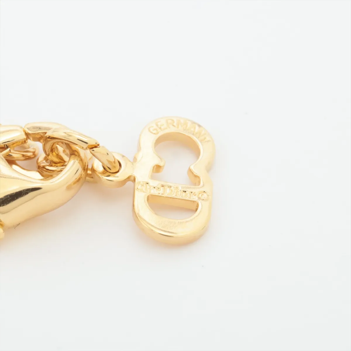 CD Ribbon Necklace, Gold Plated with Rhinestones, Shows wear, tarnishing, and discoloration. — view 4