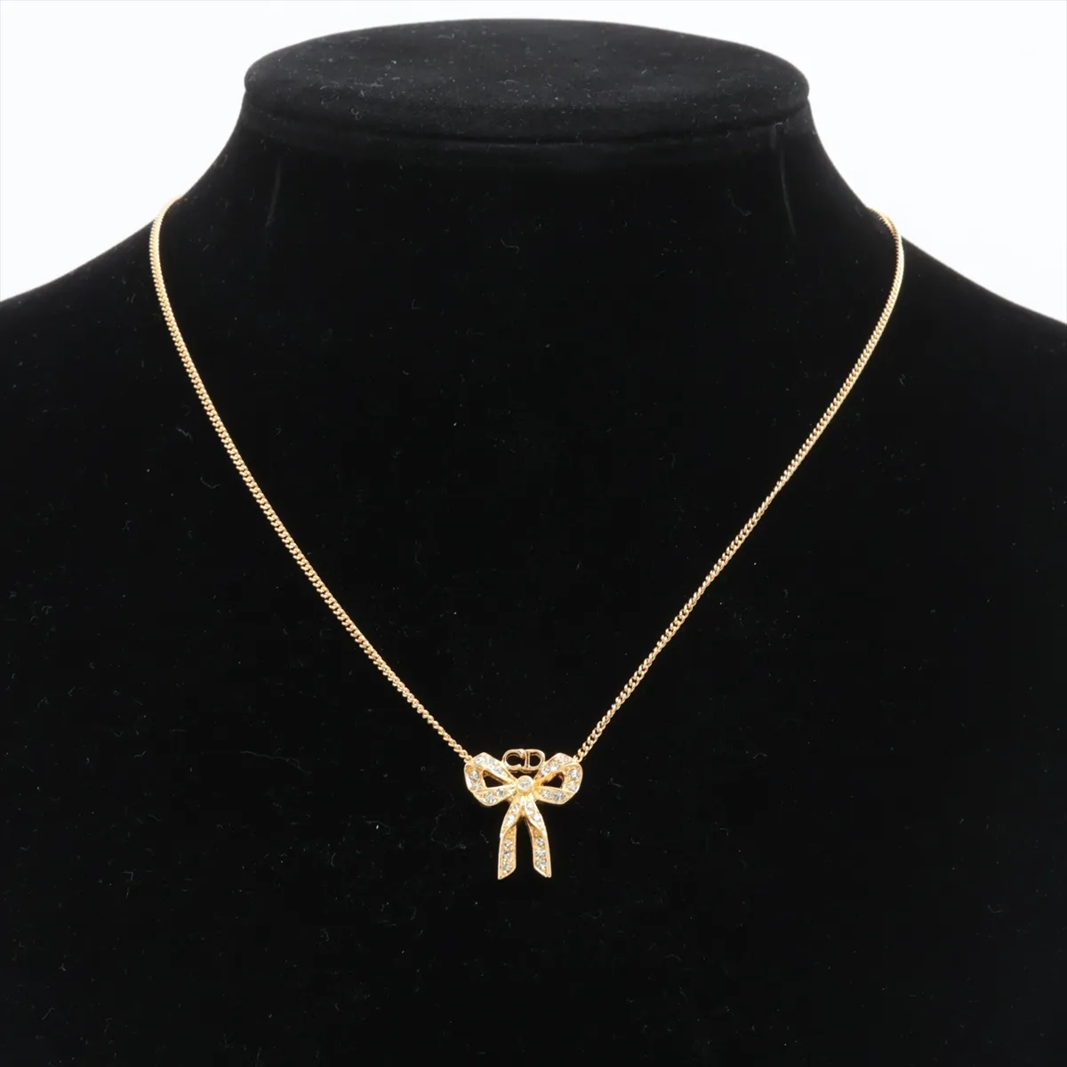 CD Ribbon Necklace, Gold Plated with Rhinestones, Shows wear, tarnishing, and discoloration. — view 5