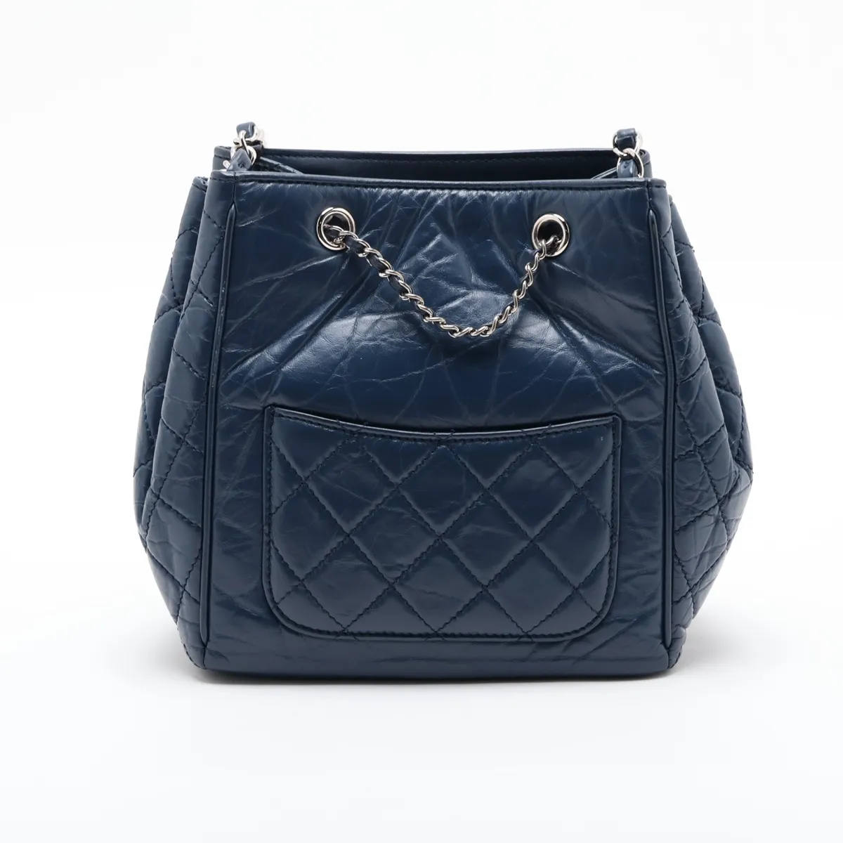 Drawstring Vintage Calf Chain Shoulder Bag, Blue, Silver Hardware, 25816719, Serial Number — view 2