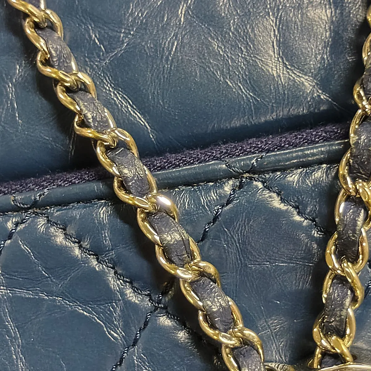 Drawstring Vintage Calf Chain Shoulder Bag, Blue, Silver Hardware, 25816719, Serial Number — view 11