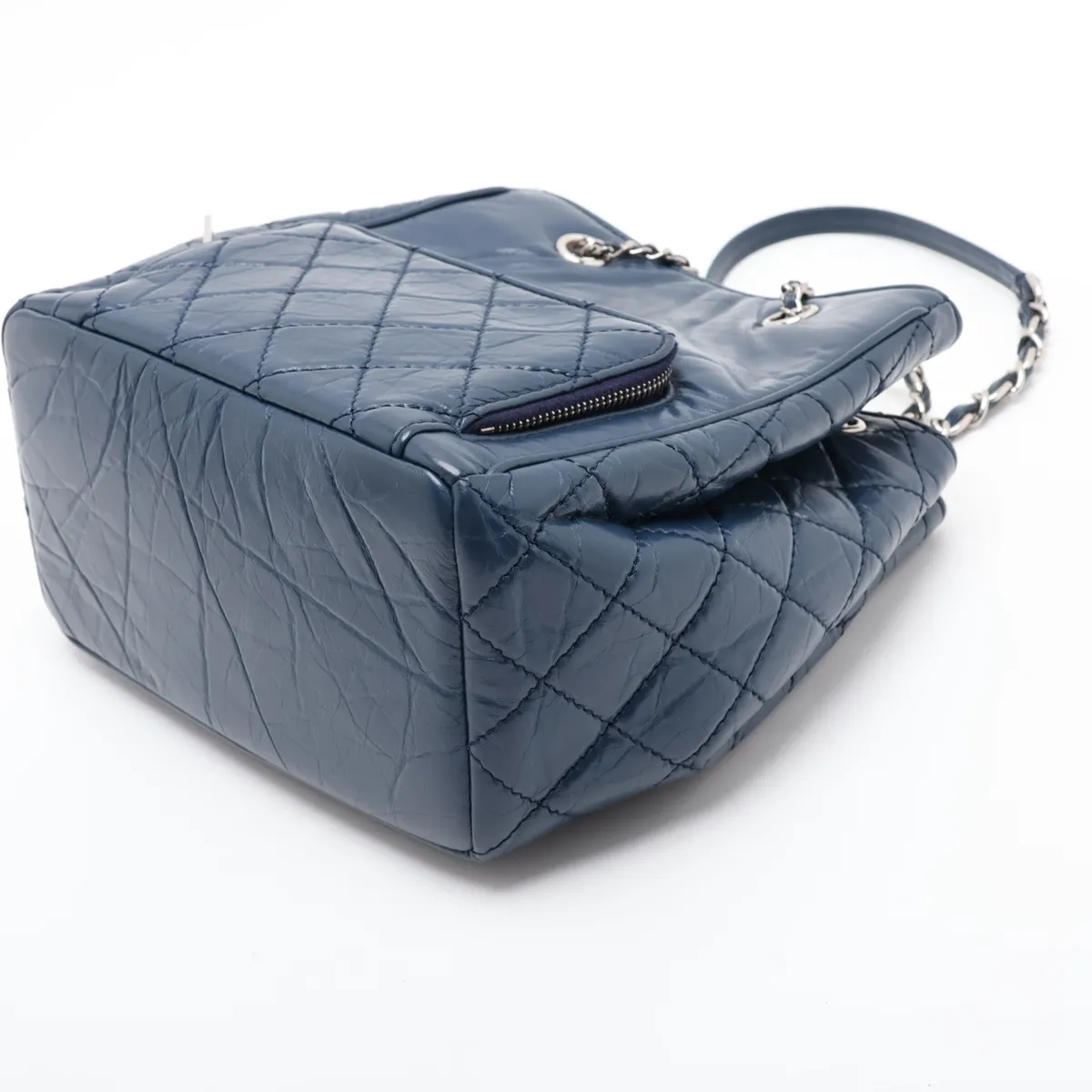 Drawstring Vintage Calf Chain Shoulder Bag, Blue, Silver Hardware, 25816719, Serial Number — view 3