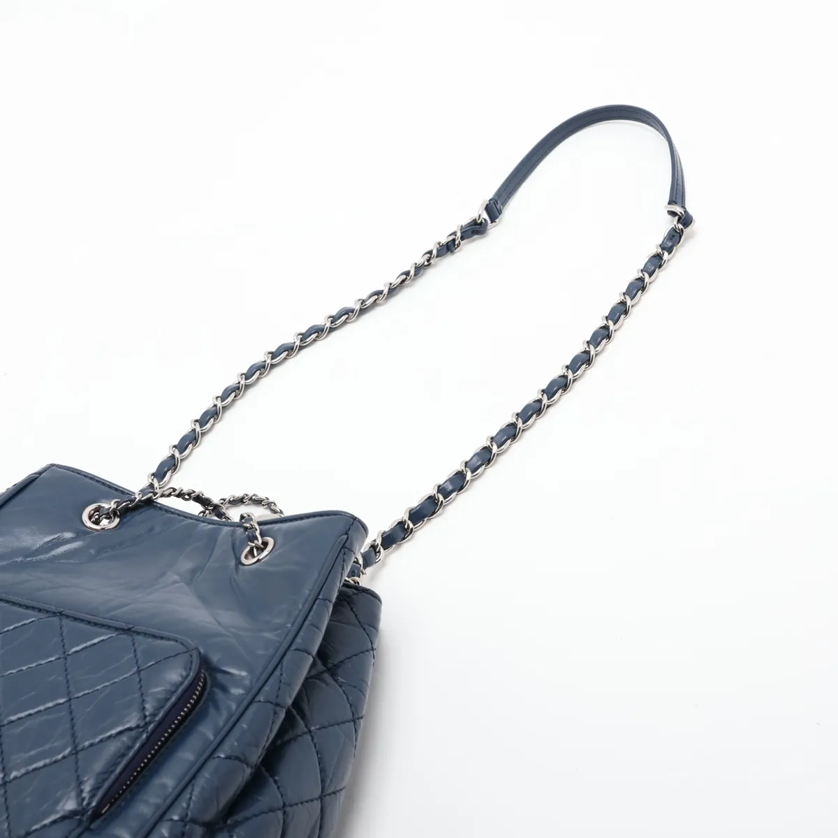 Drawstring Vintage Calf Chain Shoulder Bag, Blue, Silver Hardware, 25816719, Serial Number — view 5