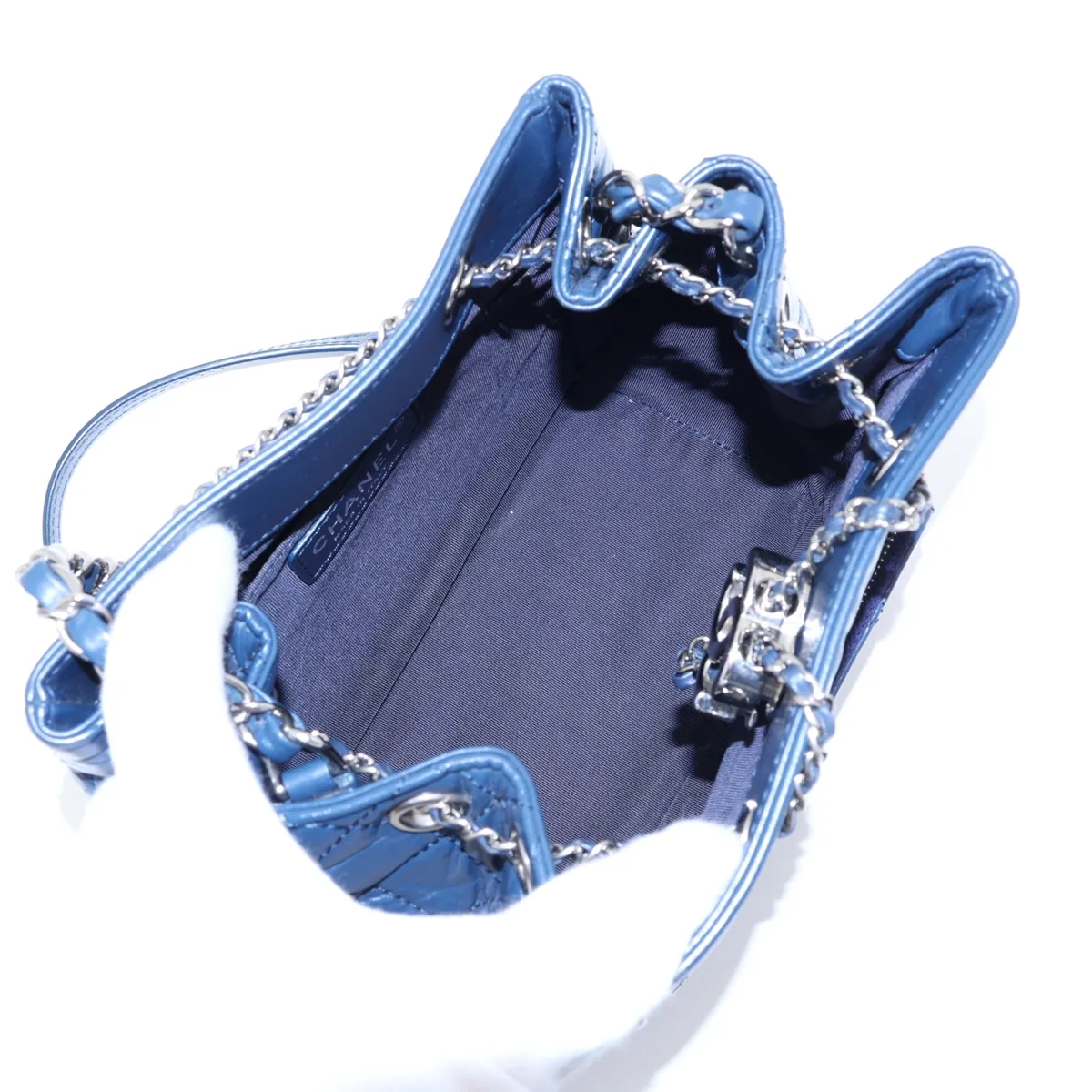 Drawstring Vintage Calf Chain Shoulder Bag, Blue, Silver Hardware, 25816719, Serial Number — view 6