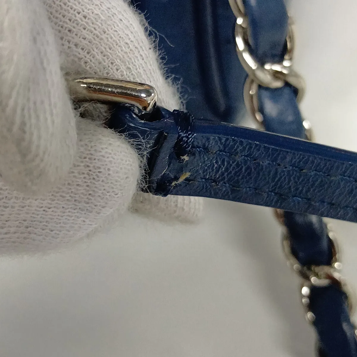 Drawstring Vintage Calf Chain Shoulder Bag, Blue, Silver Hardware, 25816719, Serial Number — view 10