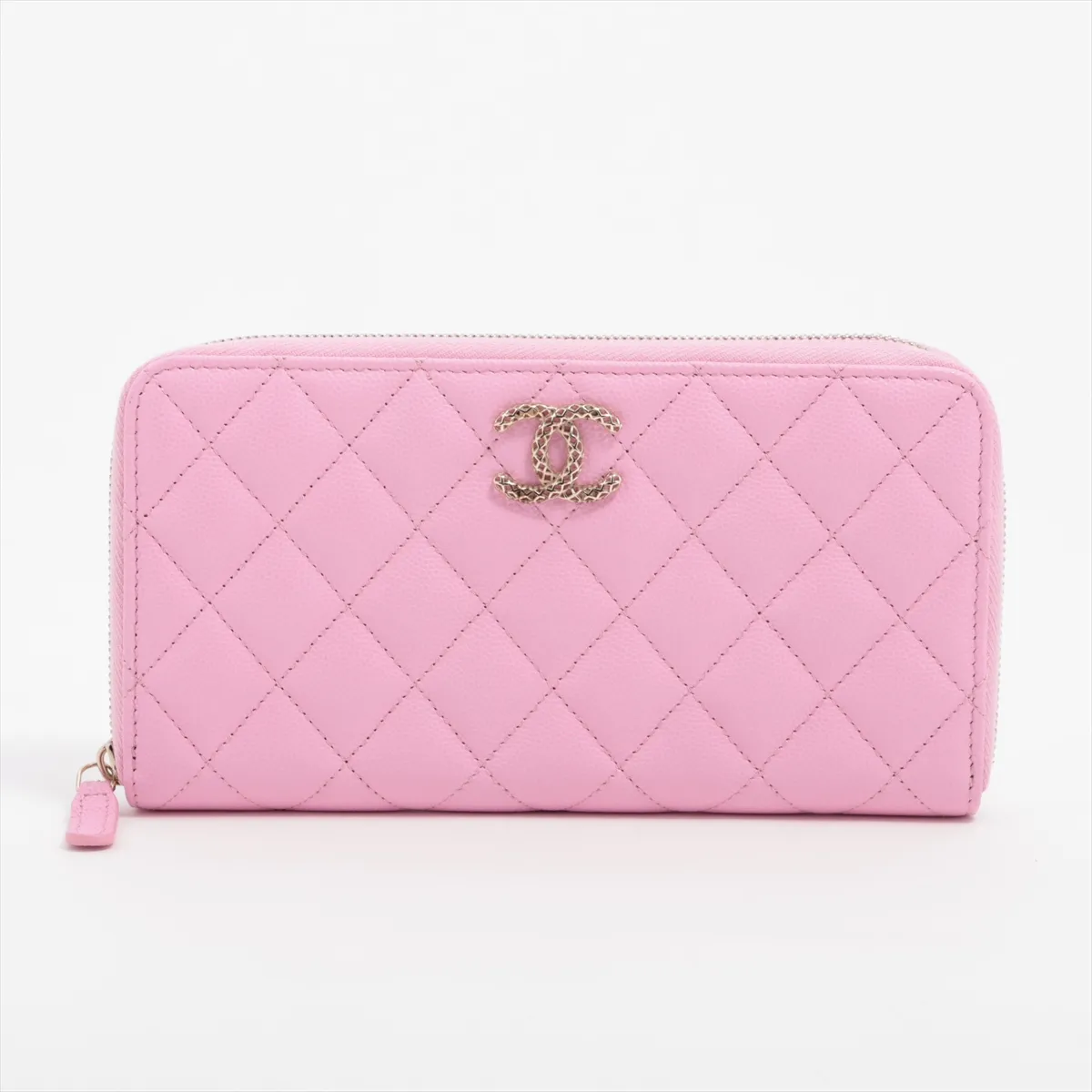 Matelassé Caviar Skin Round Zip Wallet, Pink with Gold Hardware, N697342E