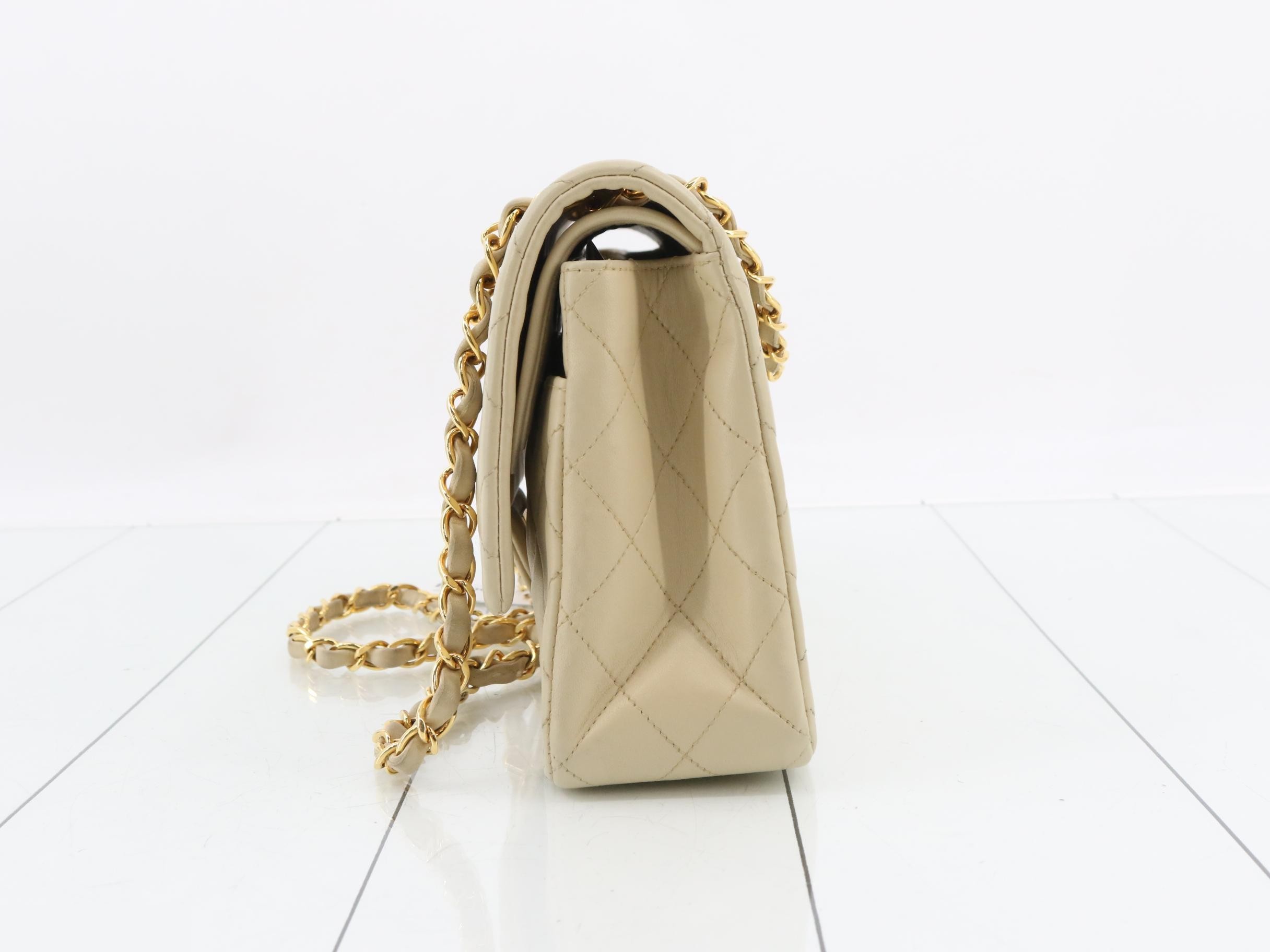 Matelassé 25 Lambskin Double Flap Double Chain Bag, Beige, Gold Hardware — view 3