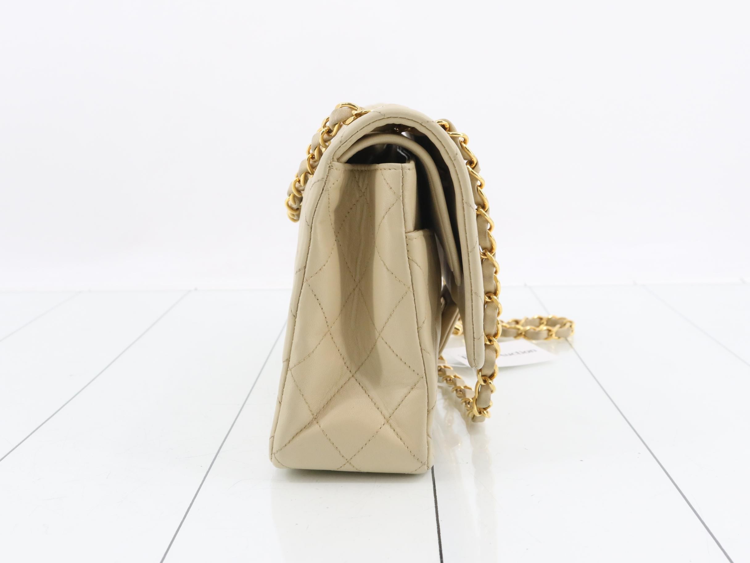 Matelassé 25 Lambskin Double Flap Double Chain Bag, Beige, Gold Hardware — view 4