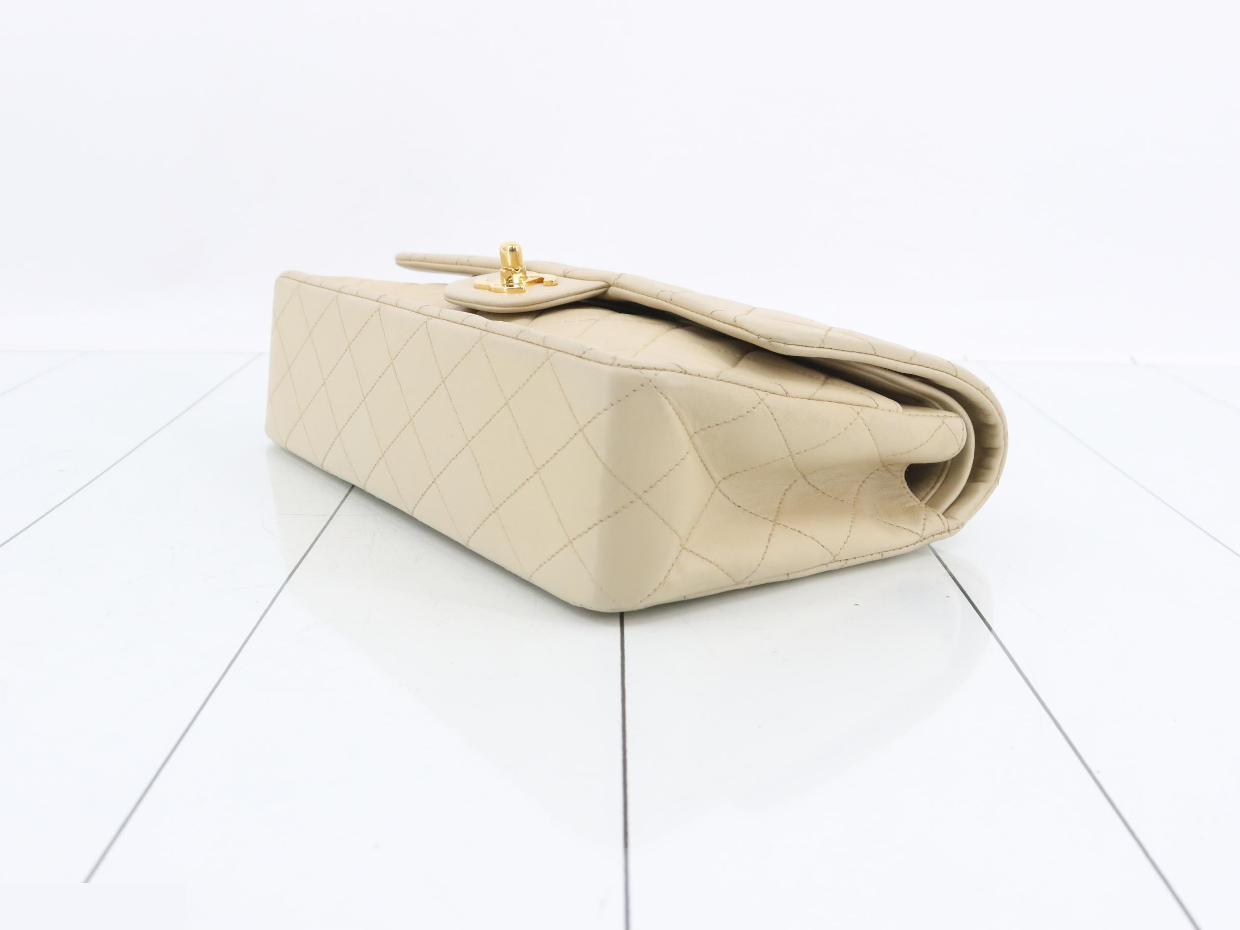 Matelassé 25 Lambskin Double Flap Double Chain Bag, Beige, Gold Hardware — view 6