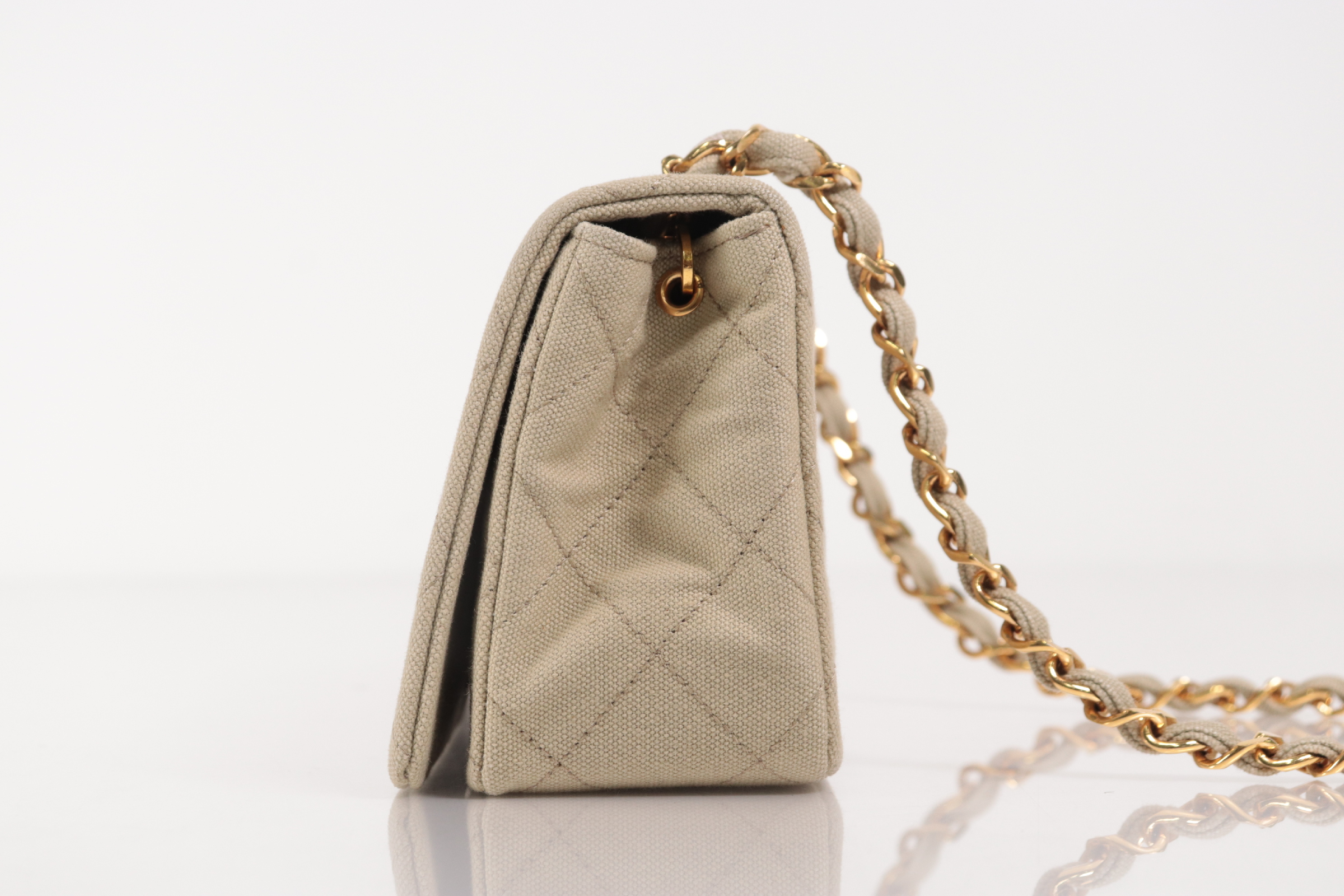 Full Flap Canvas Mini Chain Shoulder Bag, Beige, Series 1 Shoulder Bag — view 3