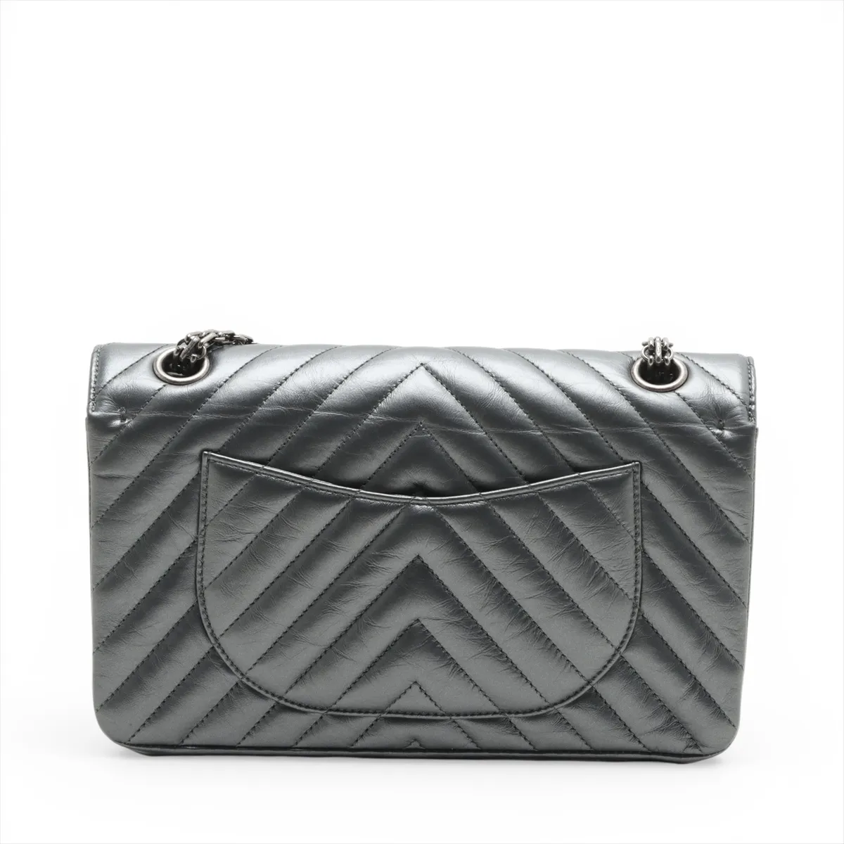 2.55 Vintage Calf Double Flap Double Chain Bag Chevron Silver Gunmetal Hardware T0NAJNA3 Random Plate — view 2