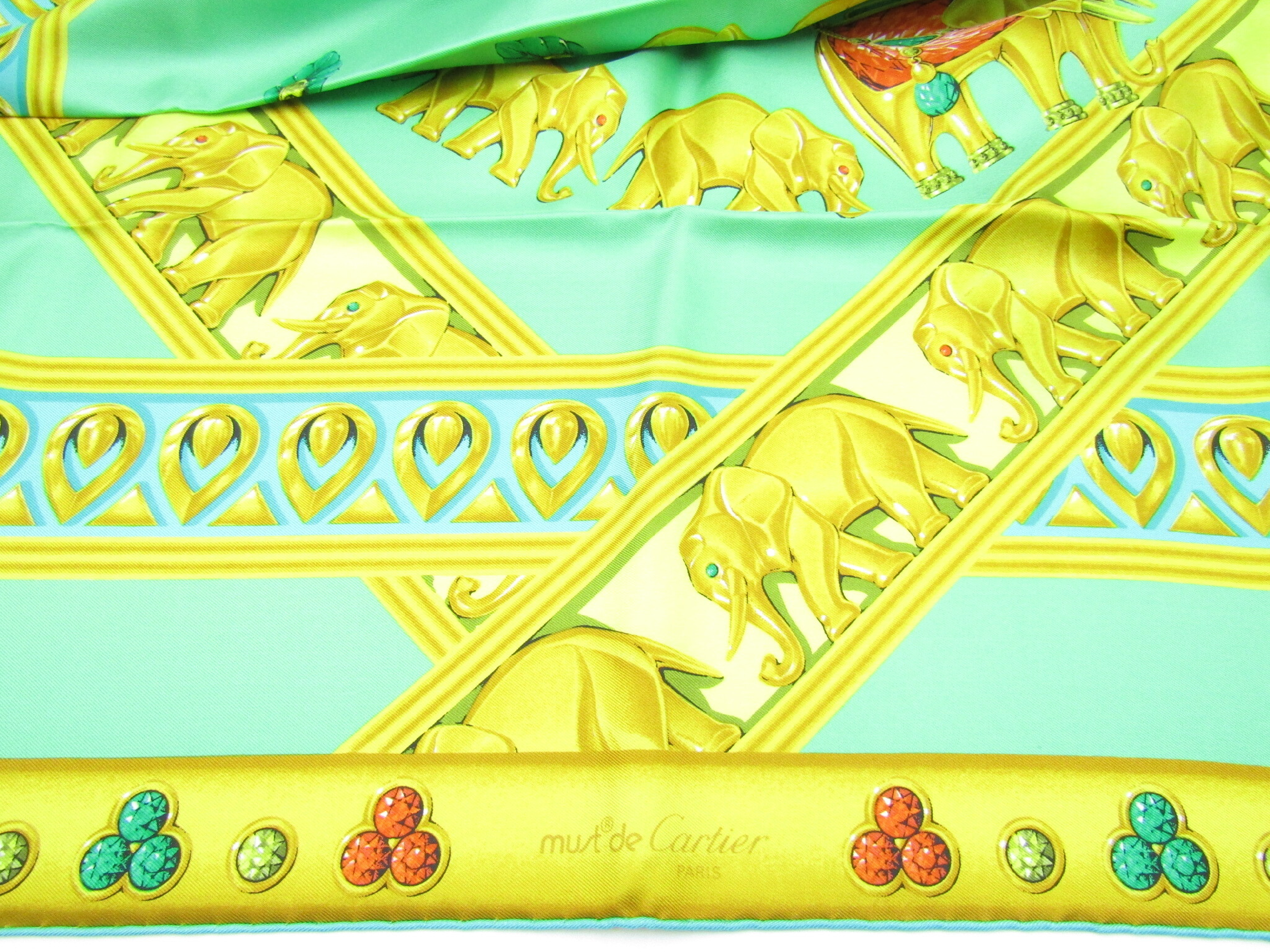 scarf, Parade des Elephants, green silk, #88cm x 86cm, other accessories. — view 3