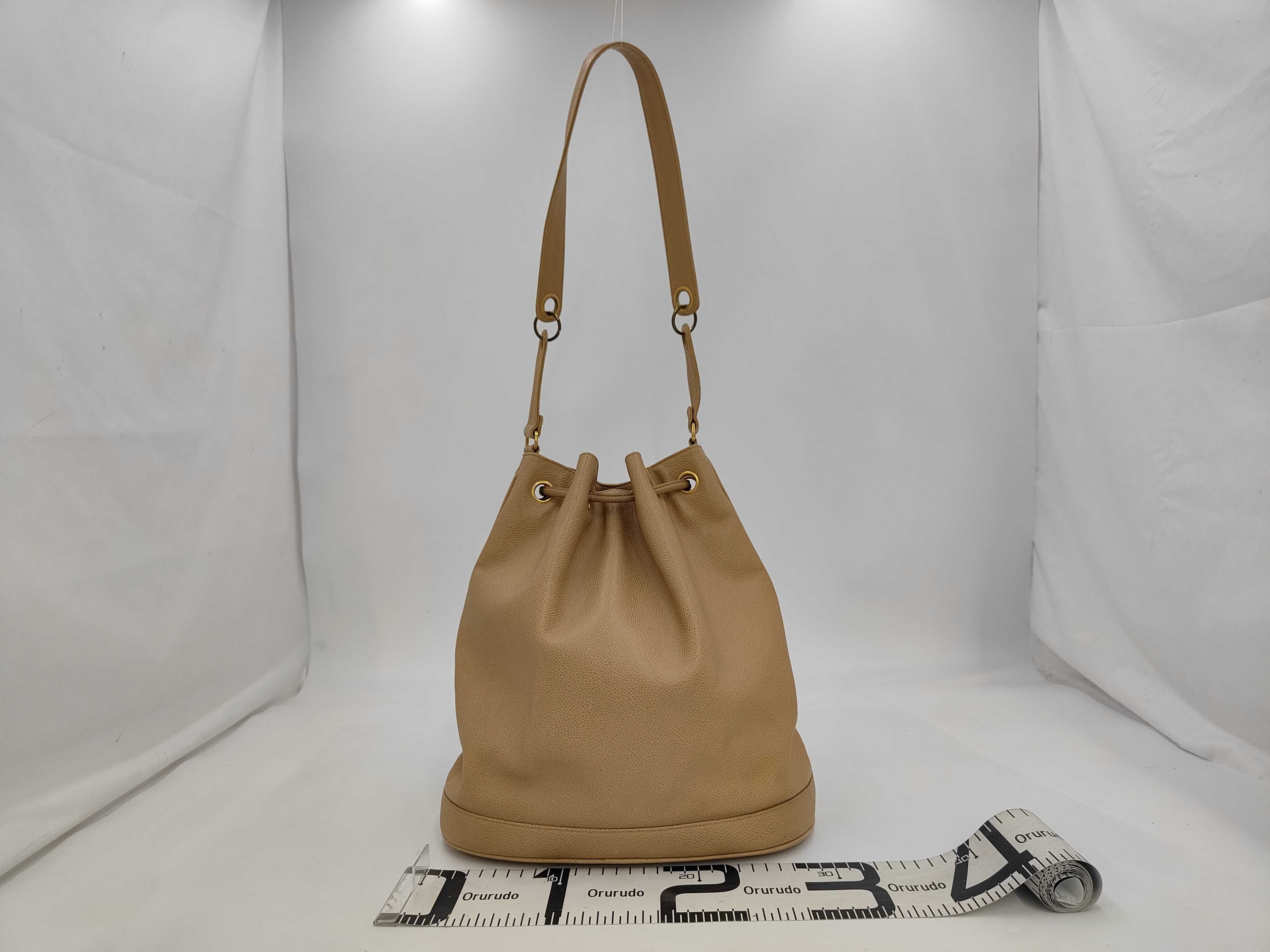 Caviar Skin Turnlock Drawstring Shoulder Bag, Beige — view 2