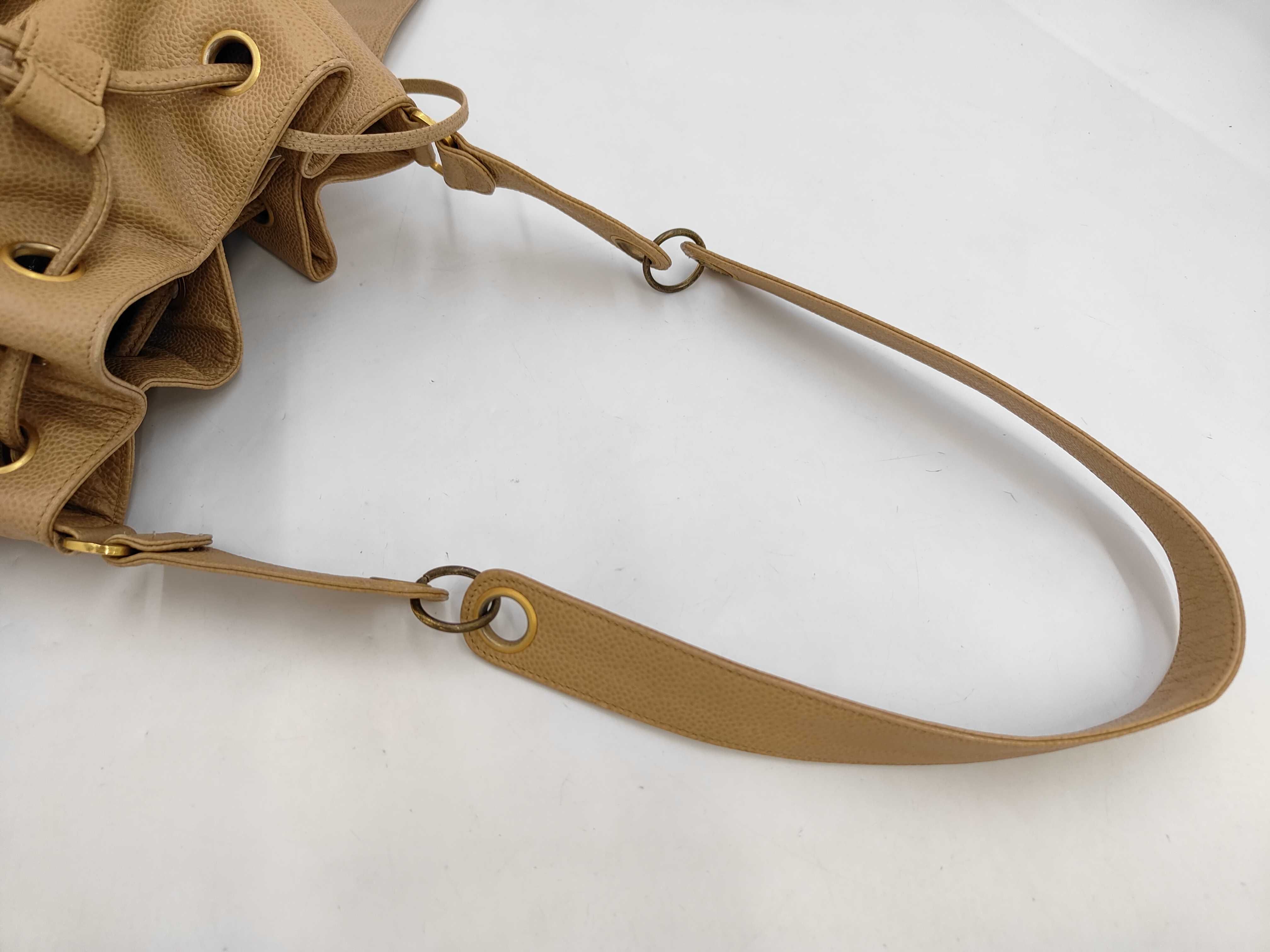 Caviar Skin Turnlock Drawstring Shoulder Bag, Beige — view 5