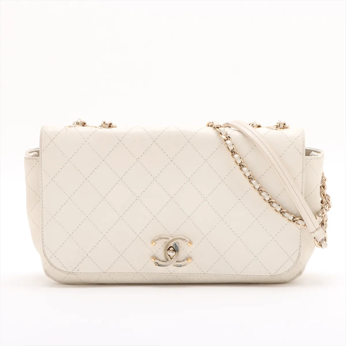 Matelassé Leather Single Flap Double Chain Bag, Beige, Gold Hardware