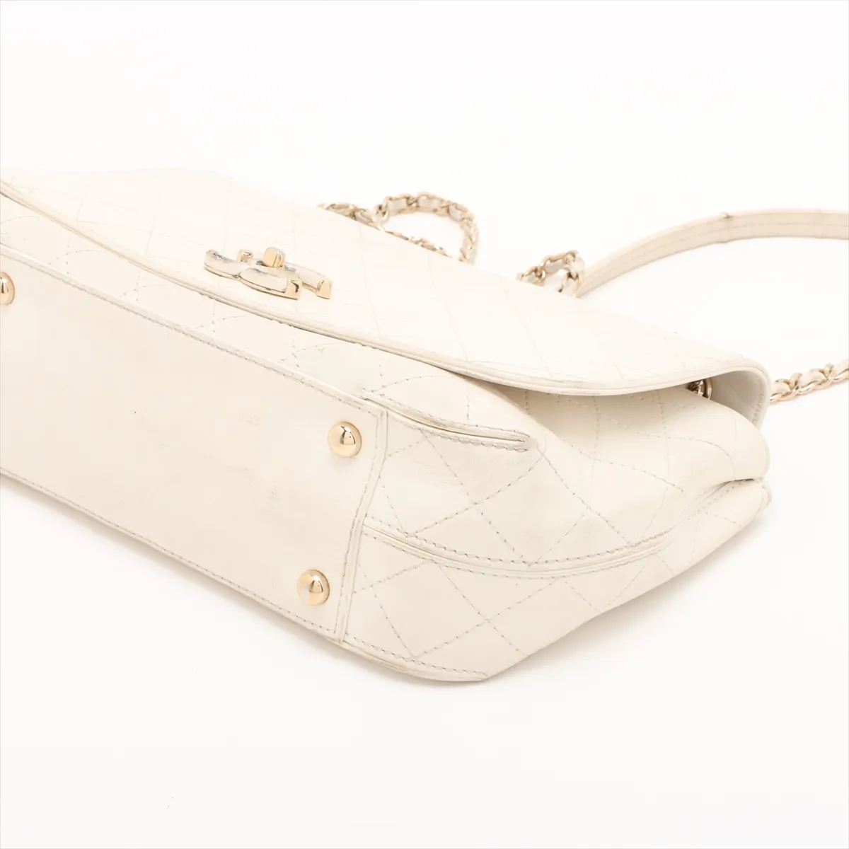 Matelassé Leather Single Flap Double Chain Bag, Beige, Gold Hardware — view 3