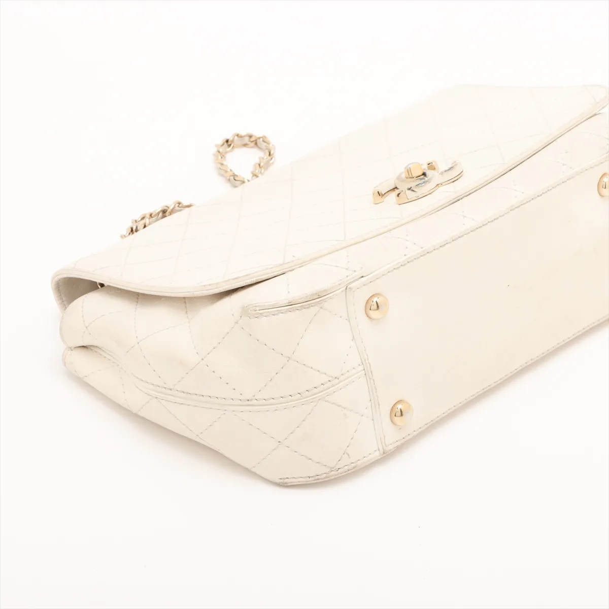 Matelassé Leather Single Flap Double Chain Bag, Beige, Gold Hardware — view 4