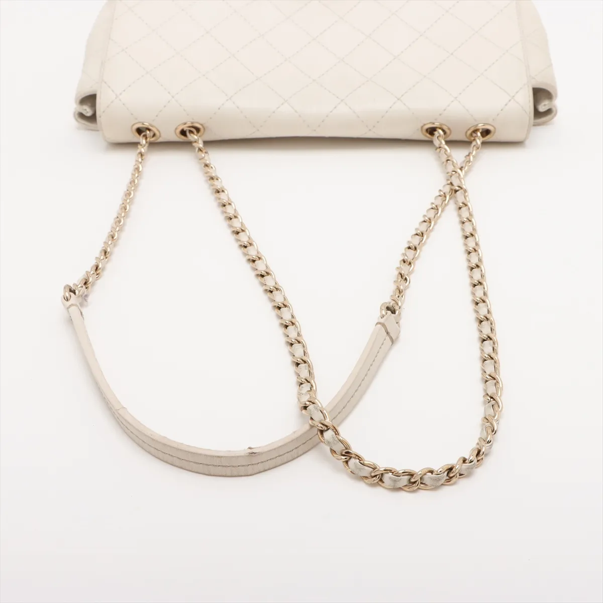 Matelassé Leather Single Flap Double Chain Bag, Beige, Gold Hardware — view 5