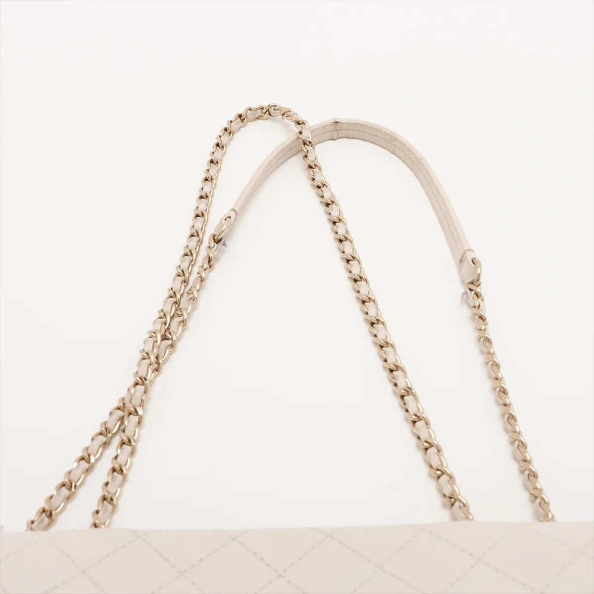 Matelassé Leather Single Flap Double Chain Bag, Beige, Gold Hardware — view 6