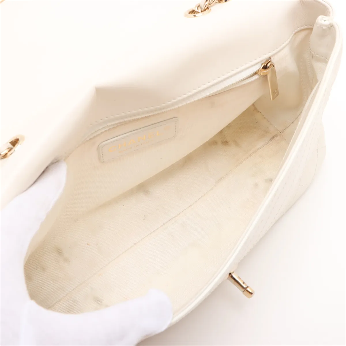 Matelassé Leather Single Flap Double Chain Bag, Beige, Gold Hardware — view 7