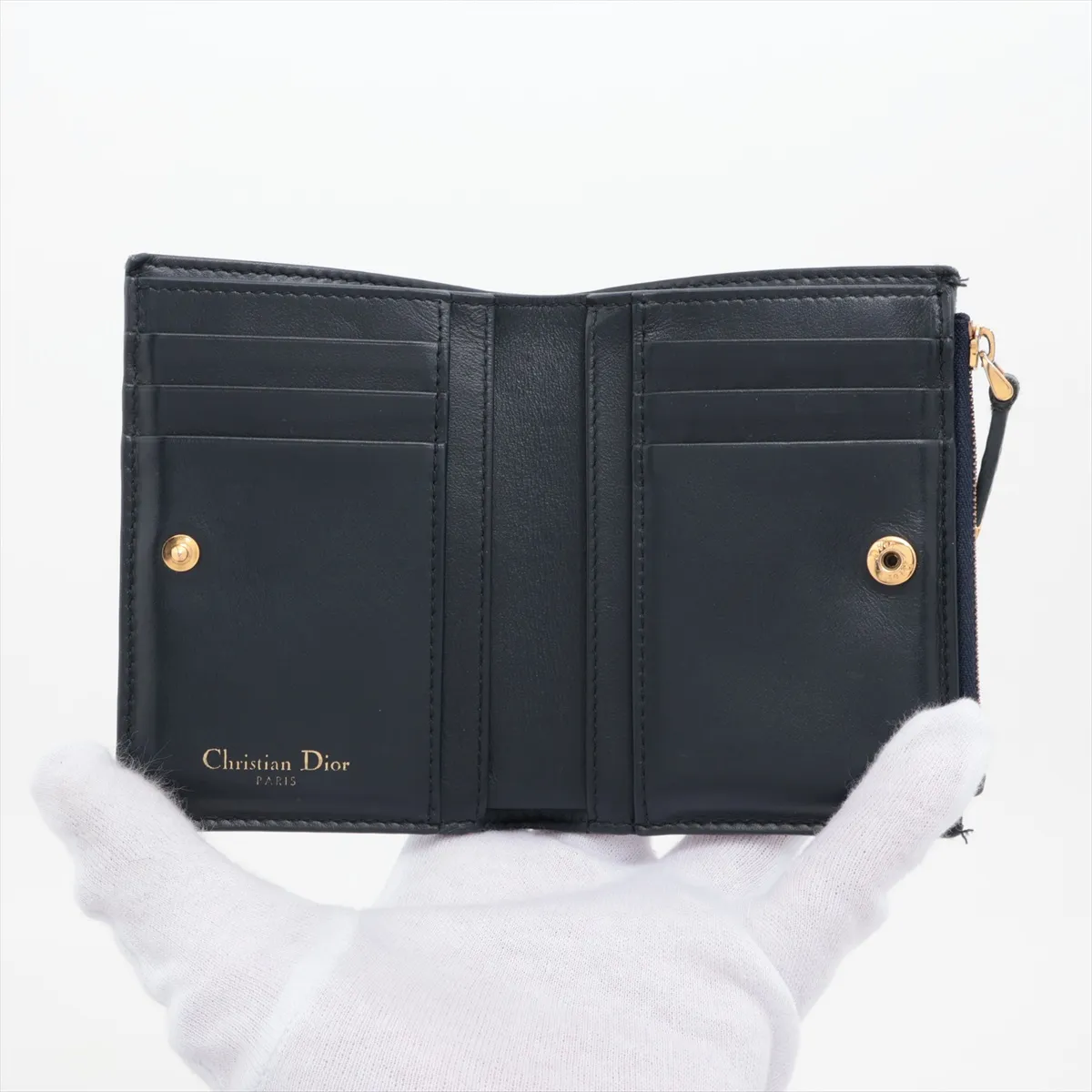 Oblique Canvas x Leather Compact Wallet, Navy — view 3