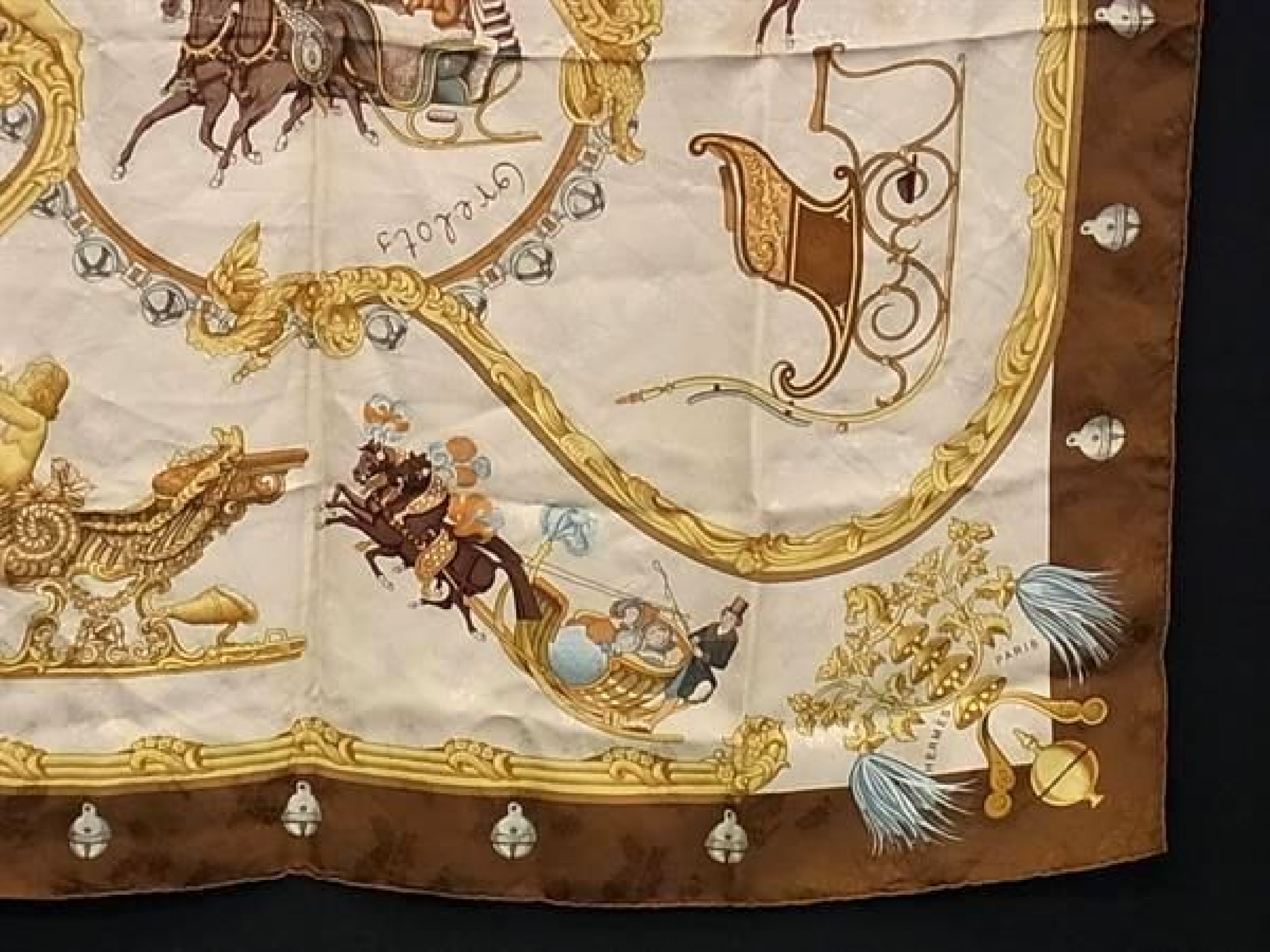 Plumes et Grelots (Feathers and Bells) Carre 90, 100% Silk, Large Scarf/Stole, Women's, Brown, HE2379, Other Accessories — view 3