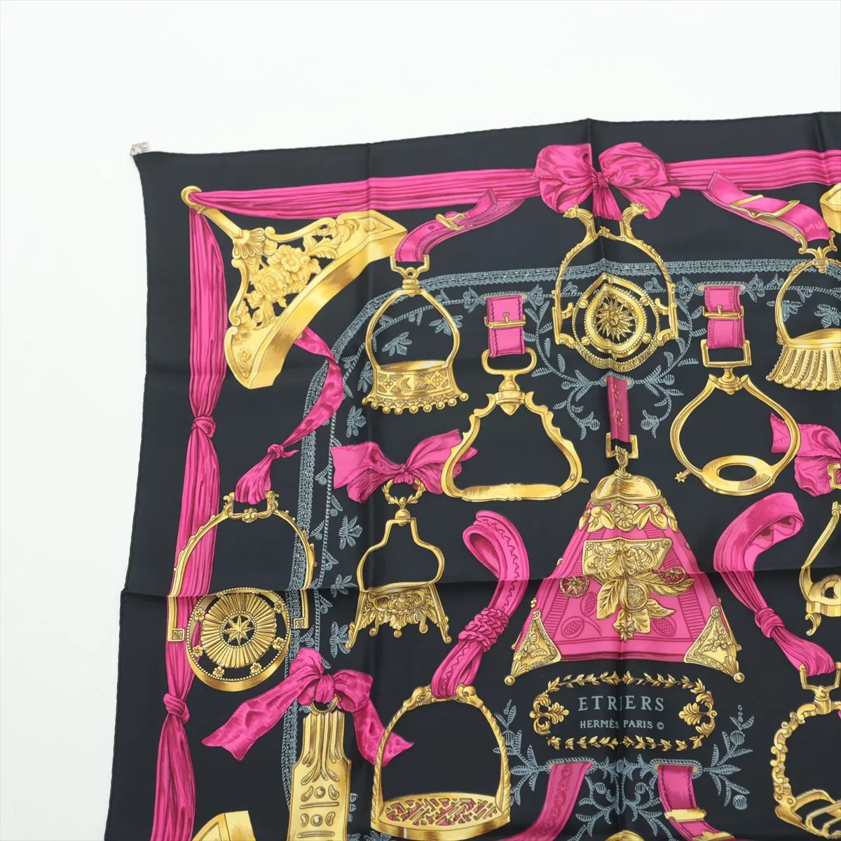 Carre 90 ETRIERS Stirrup Scarf, Silk, Black. Shows signs of wear, including loose threads, — view 2