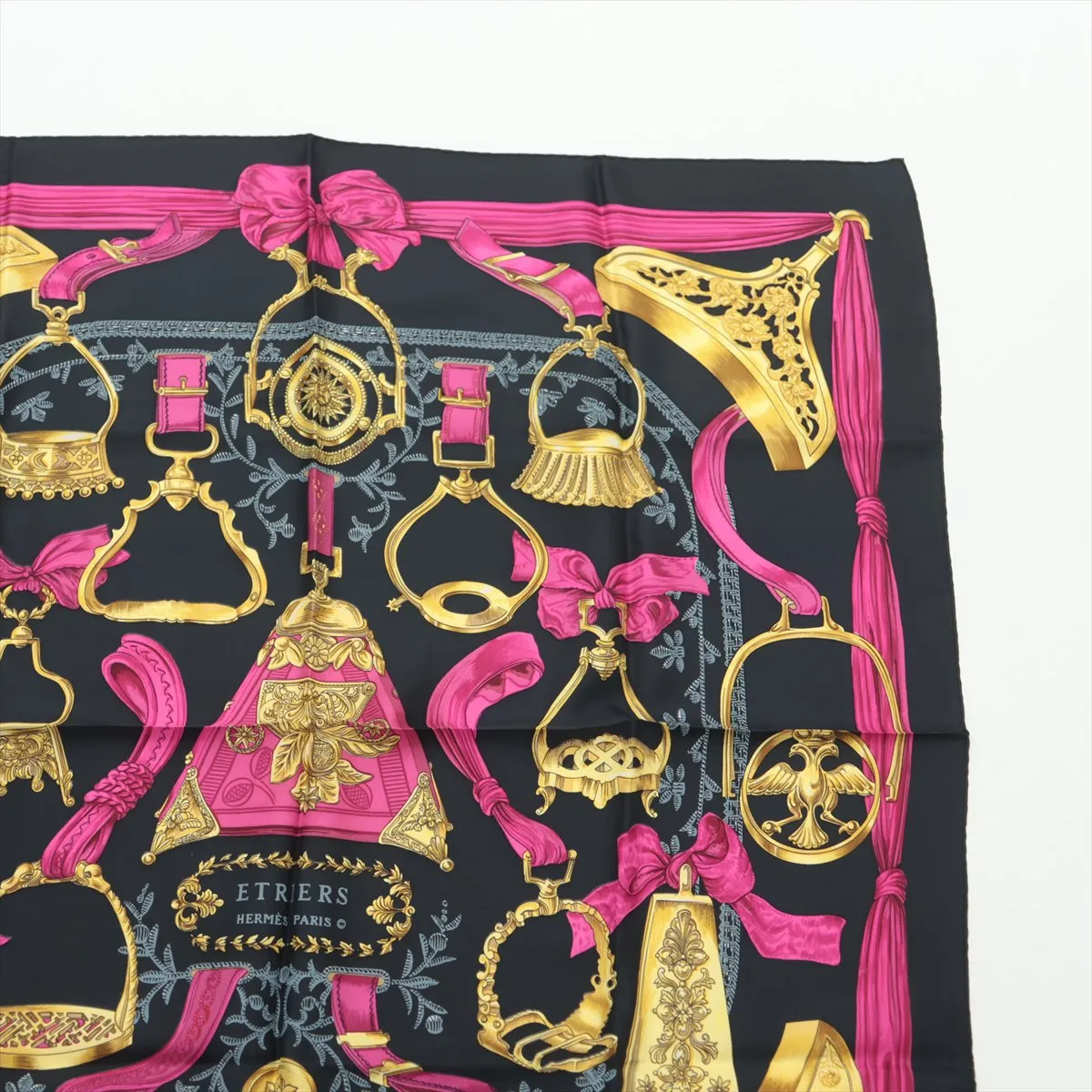Carre 90 ETRIERS Stirrup Scarf, Silk, Black. Shows signs of wear, including loose threads, — view 3