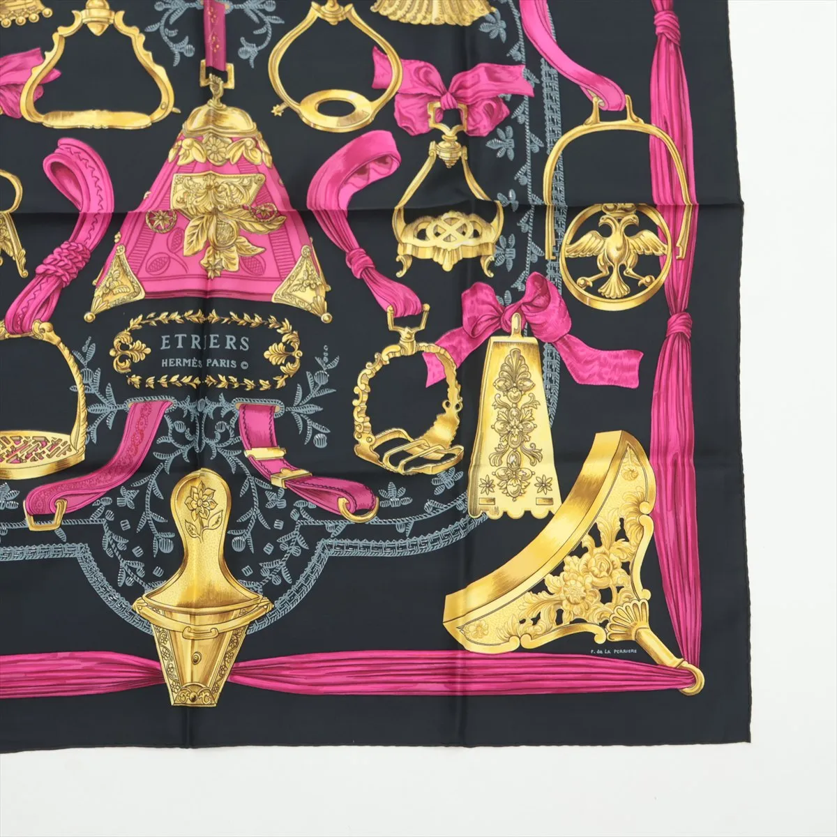 Carre 90 ETRIERS Stirrup Scarf, Silk, Black. Shows signs of wear, including loose threads, — view 4
