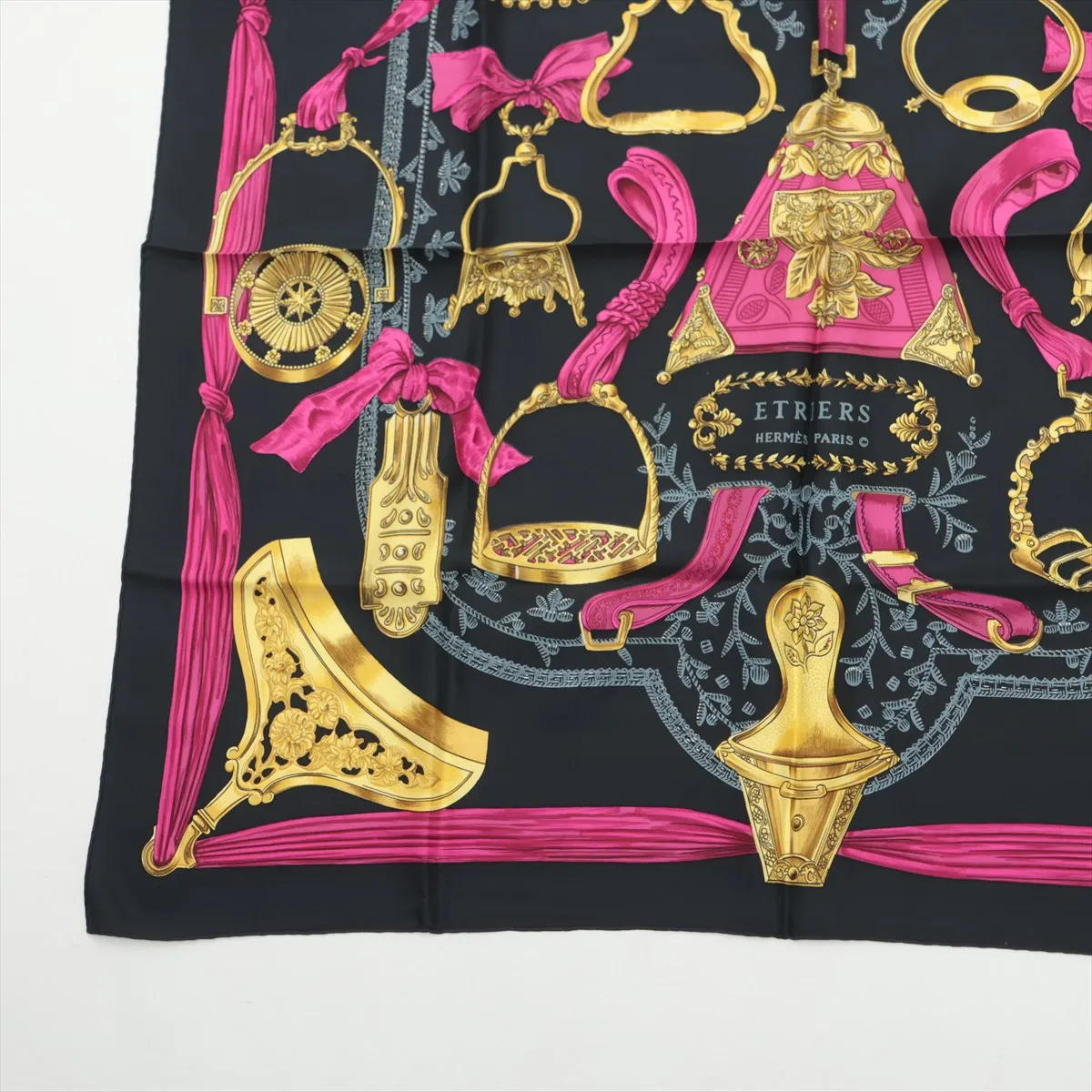 Carre 90 ETRIERS Stirrup Scarf, Silk, Black. Shows signs of wear, including loose threads, — view 5