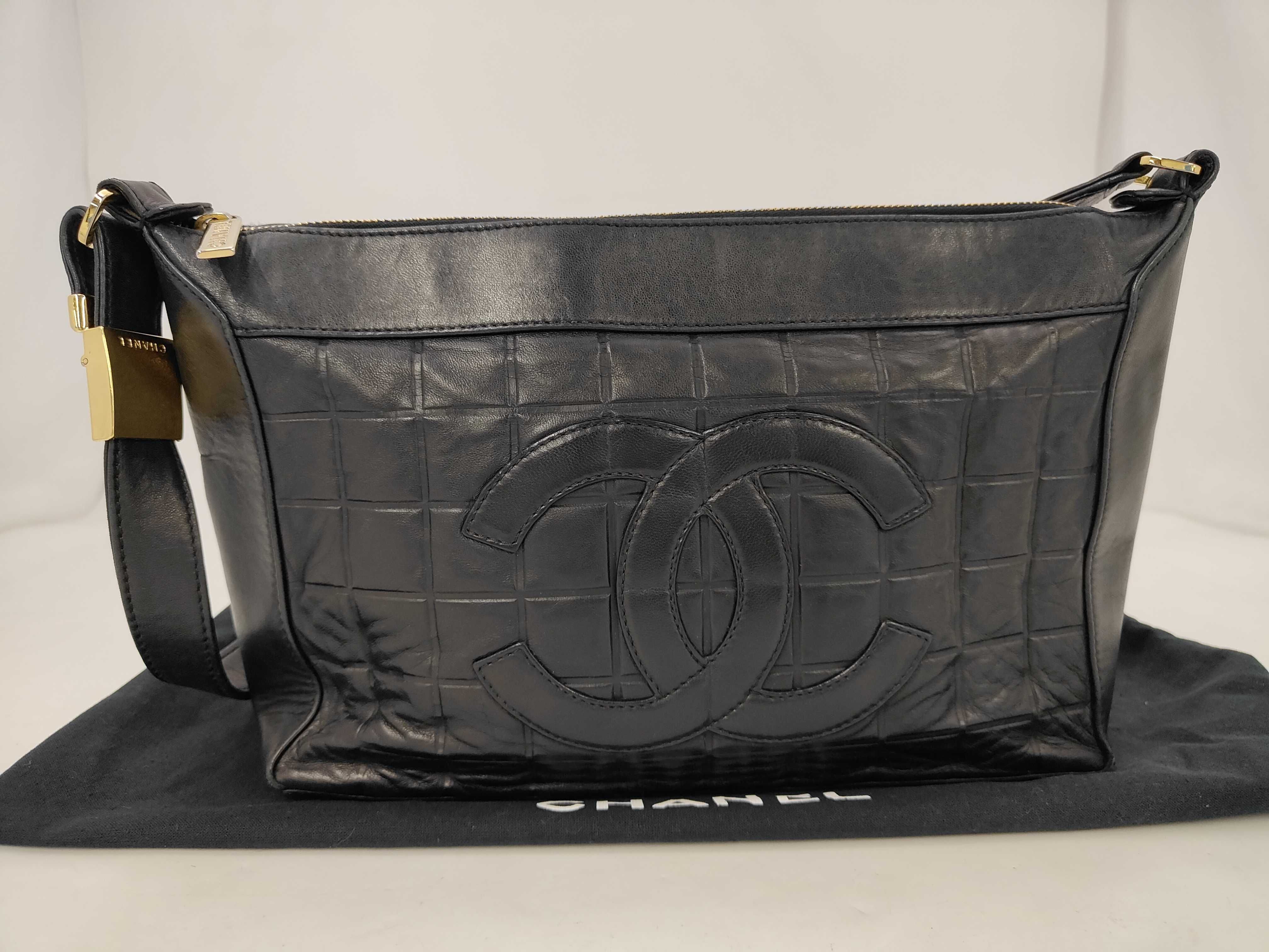 7205109 Shoulder Bag, Chocolate Bar Coco Mark, Leather, Black Shoulder Bag