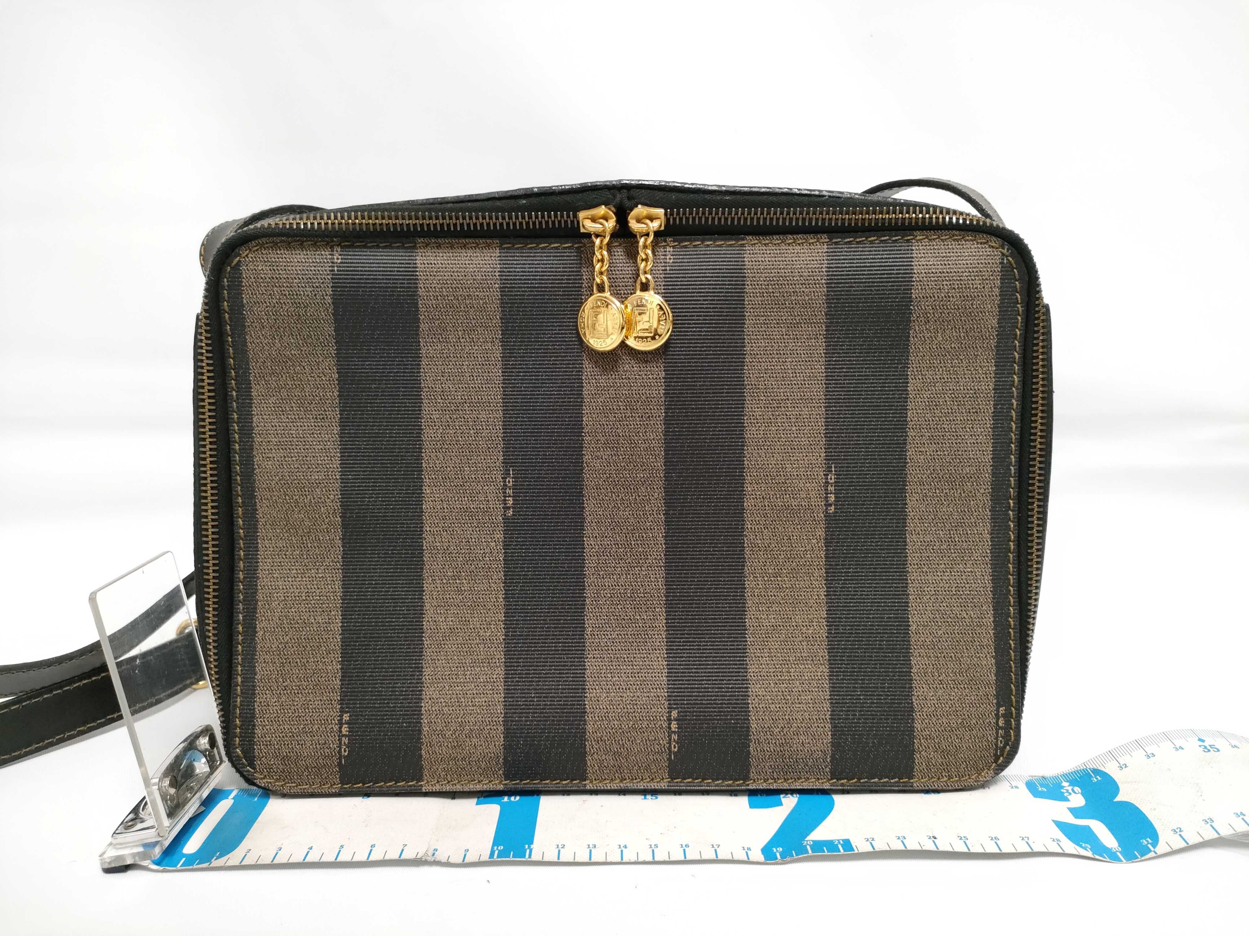 Pequin Pattern Leather PVC Embossed Logo Double Zipper Gold Hardware Shoulder Bag — view 2
