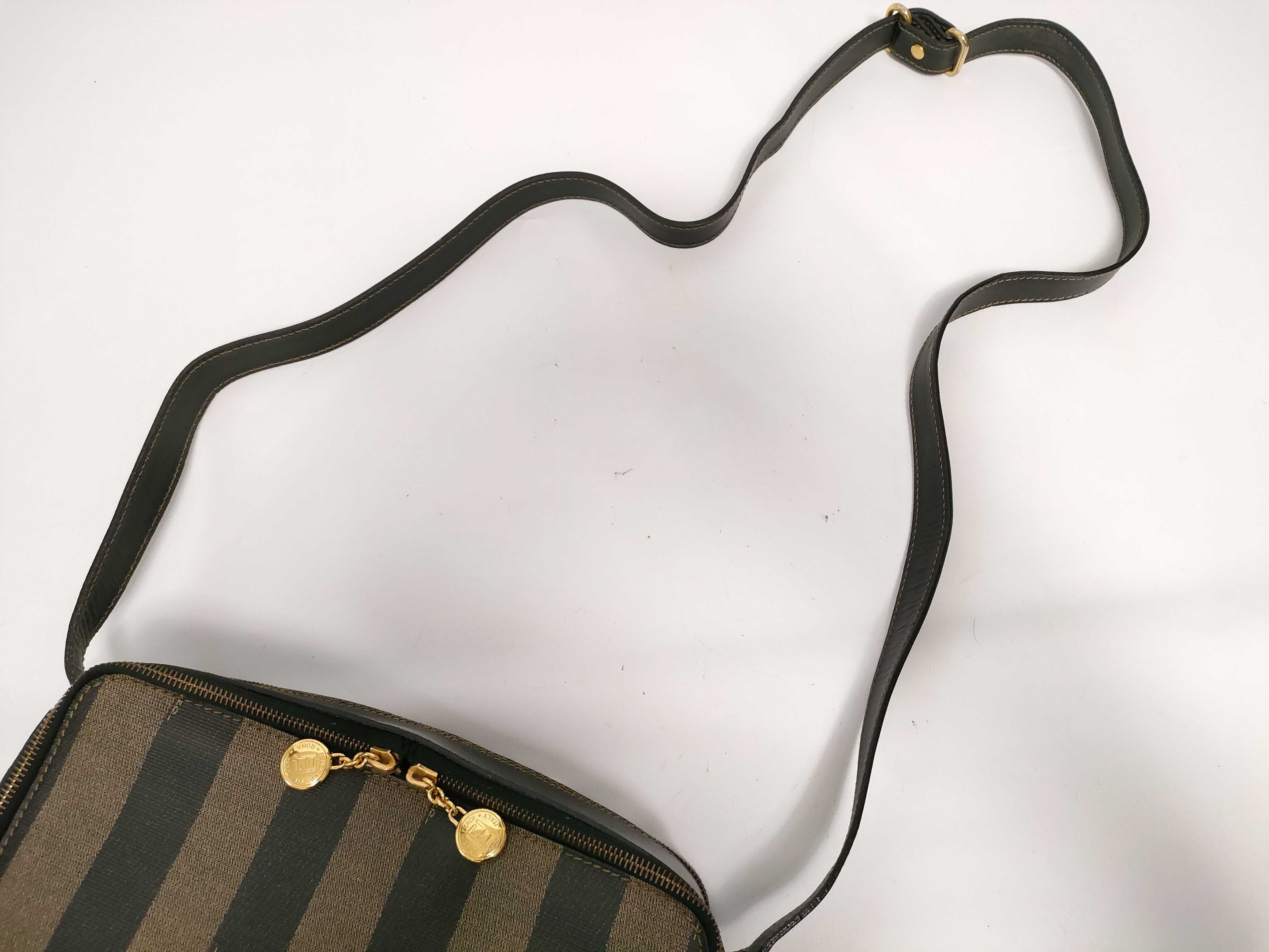 Pequin Pattern Leather PVC Embossed Logo Double Zipper Gold Hardware Shoulder Bag — view 6