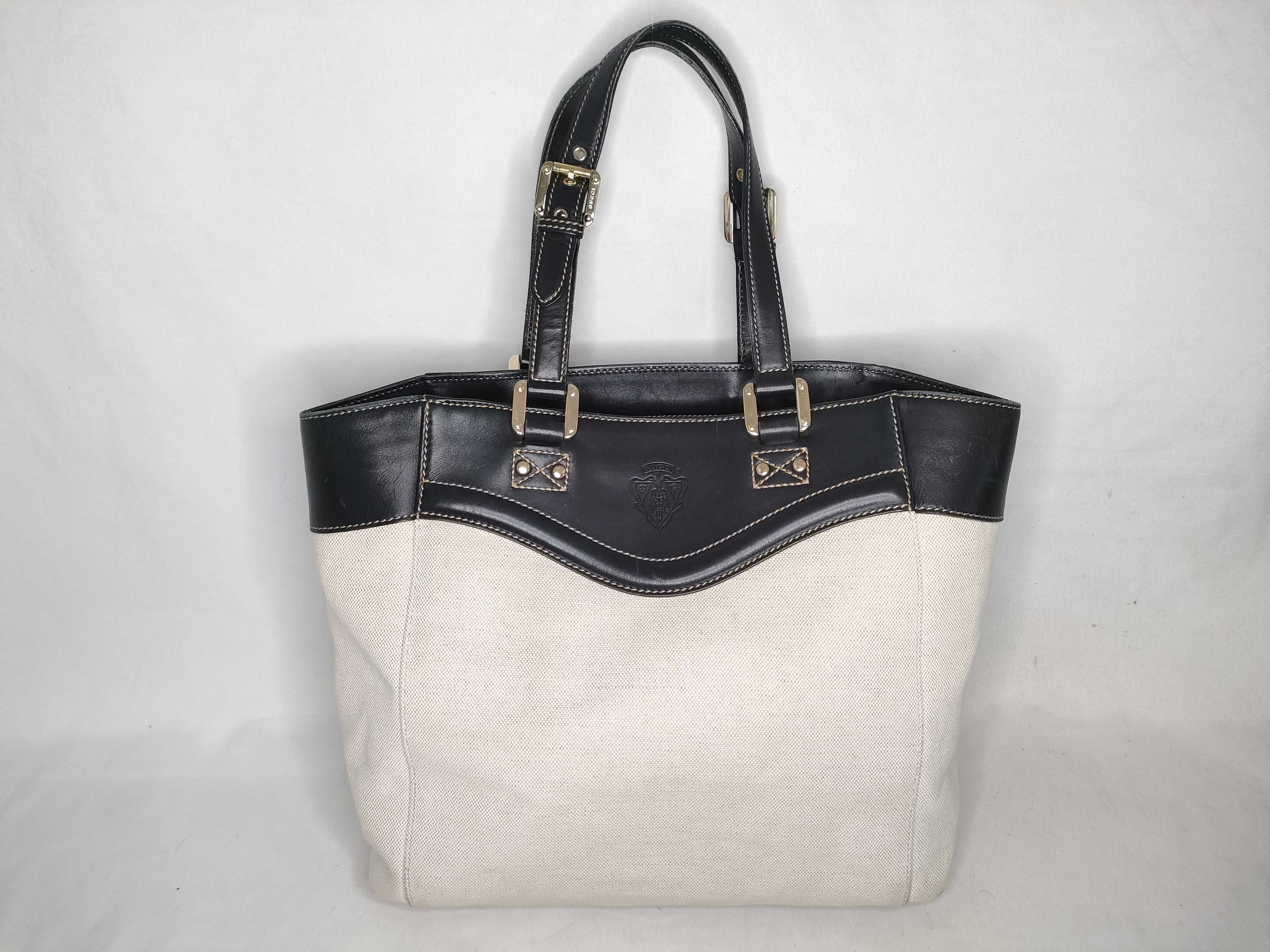 141432 Tote Bag, Canvas and Leather, Beige and Black Tote Bag