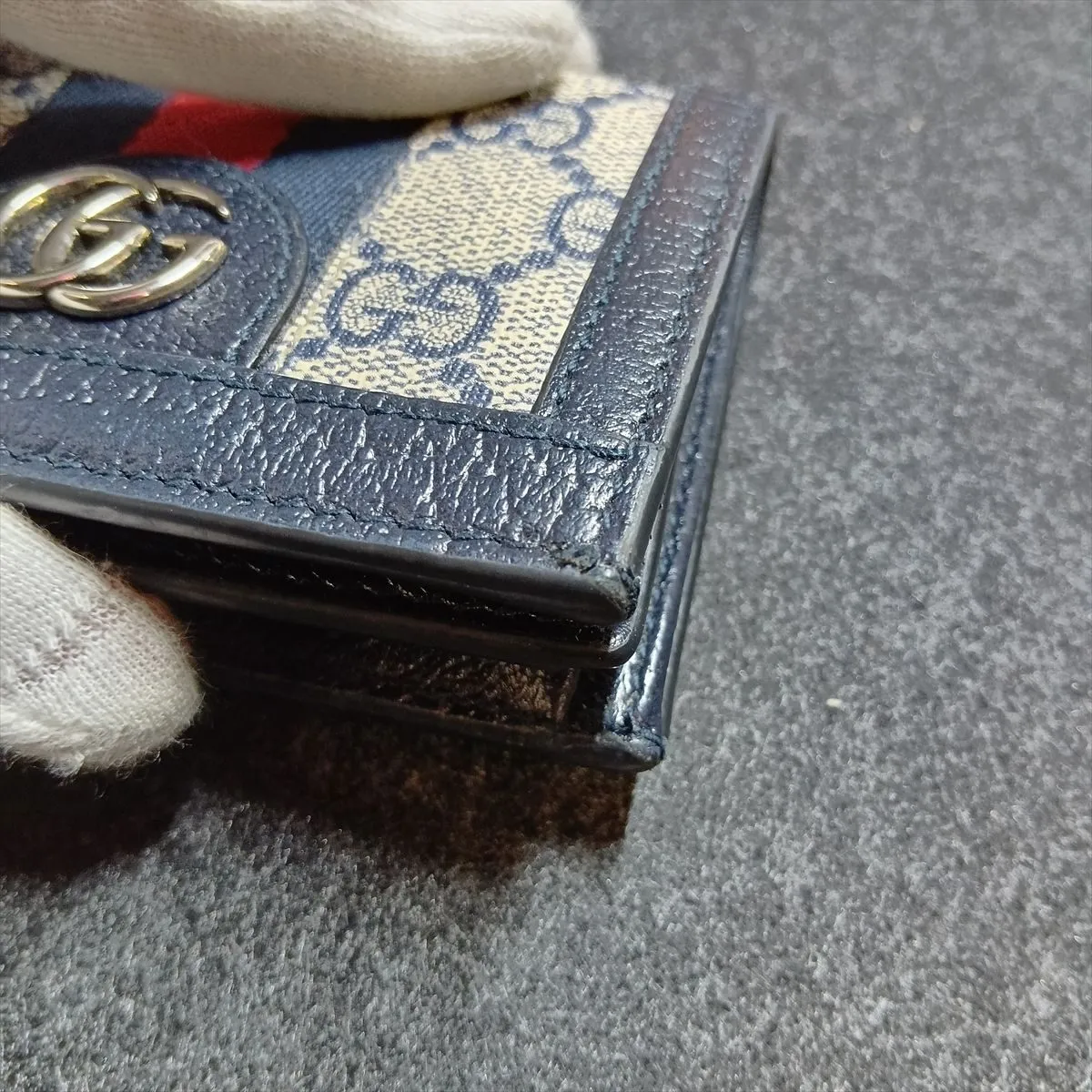 GG Supreme Ophidia 523155 PVC x Leather Compact Wallet Navy x Beige — view 8
