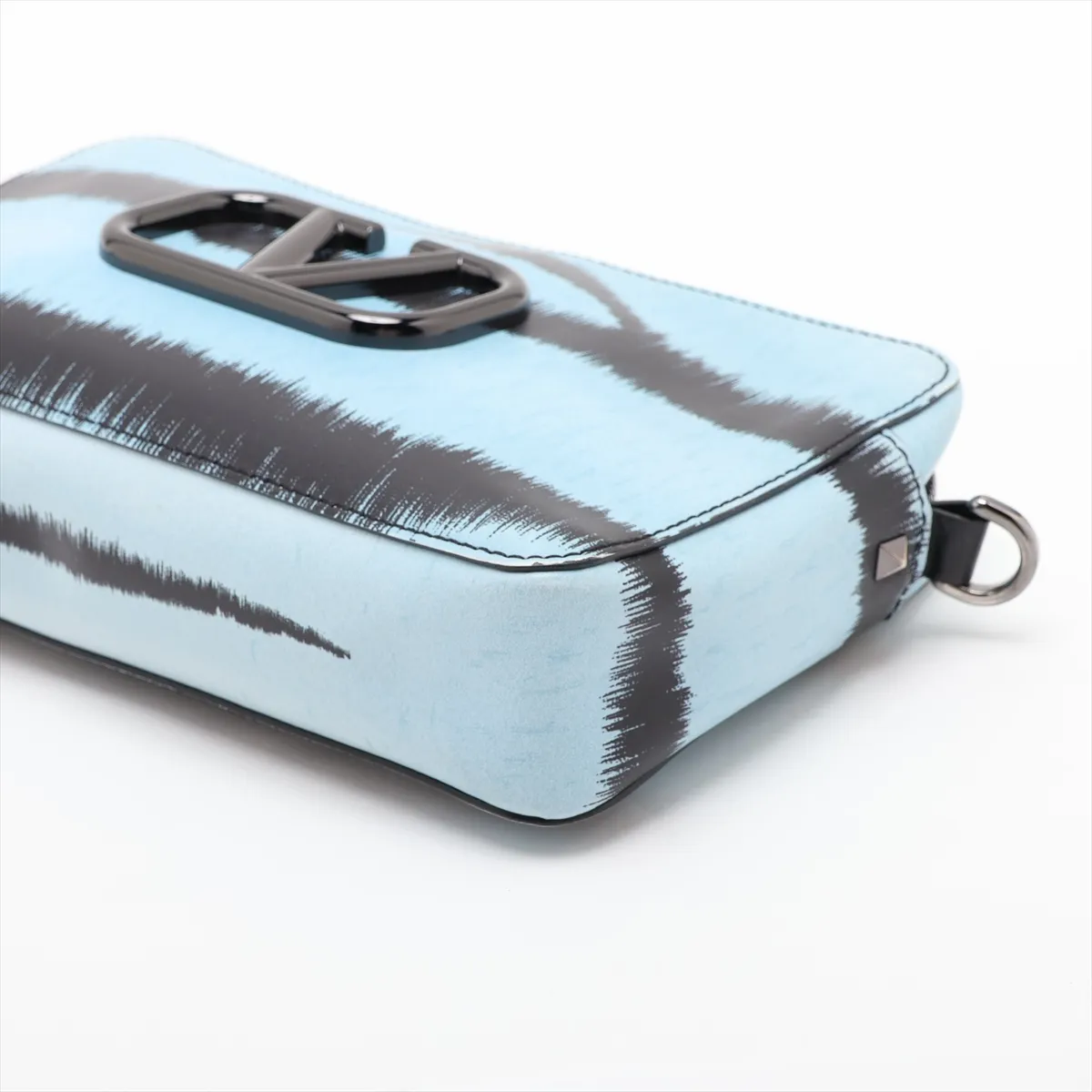 V-logo Leather Shoulder Bag, Blue x Black — view 3