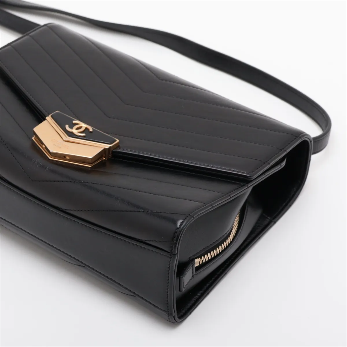 Chevron Lambskin Chain Shoulder Bag, V-stitch, Black, Gold Hardware, 26348263, Serial Number 26 — view 3