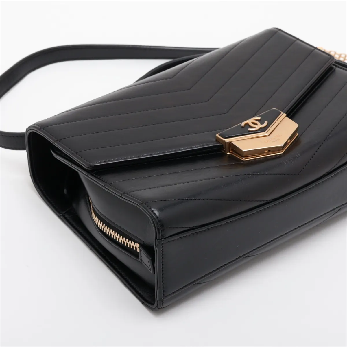 Chevron Lambskin Chain Shoulder Bag, V-stitch, Black, Gold Hardware, 26348263, Serial Number 26 — view 4