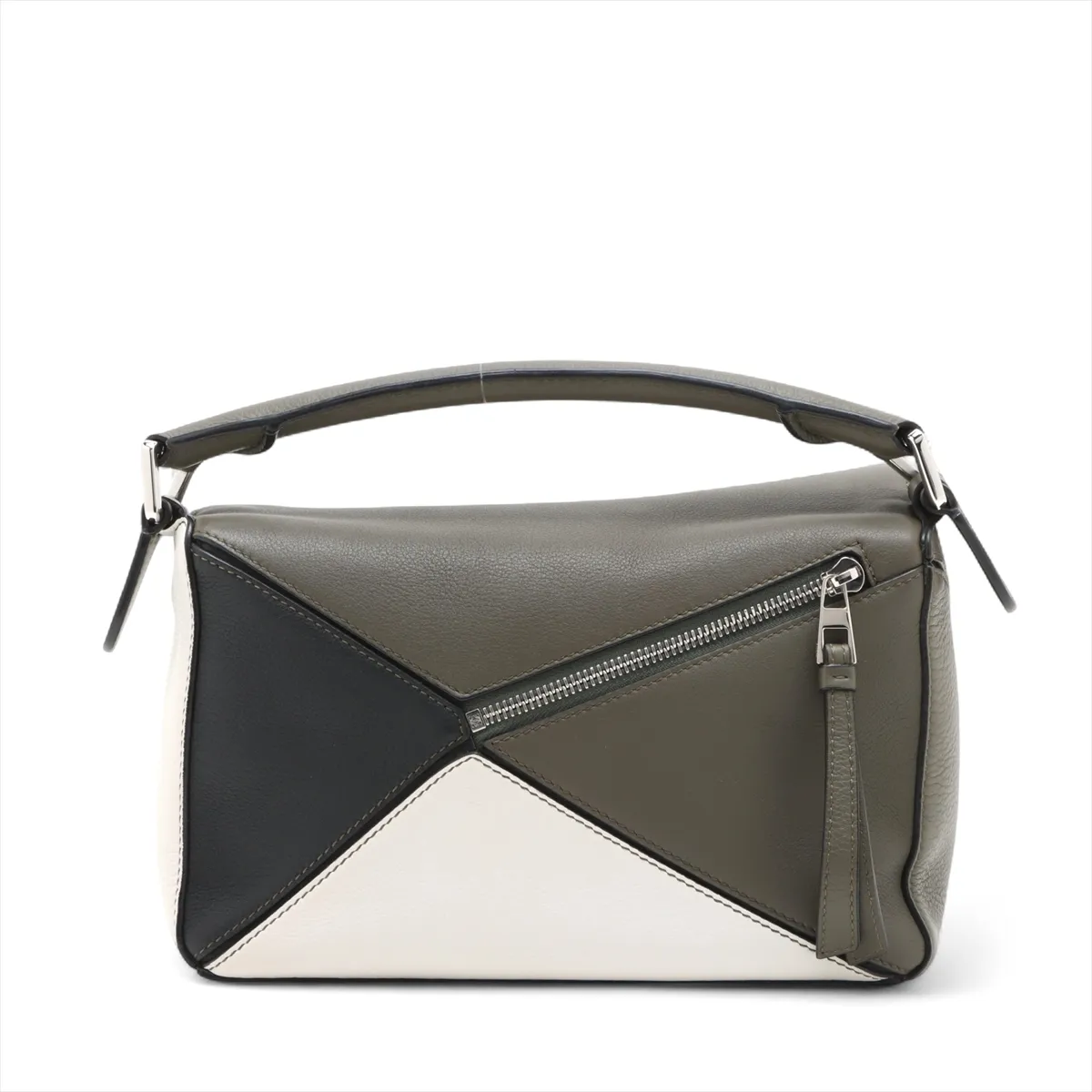 Puzzle Bag Small Leather 2WAY Handbag Khaki x White x Black — view 2