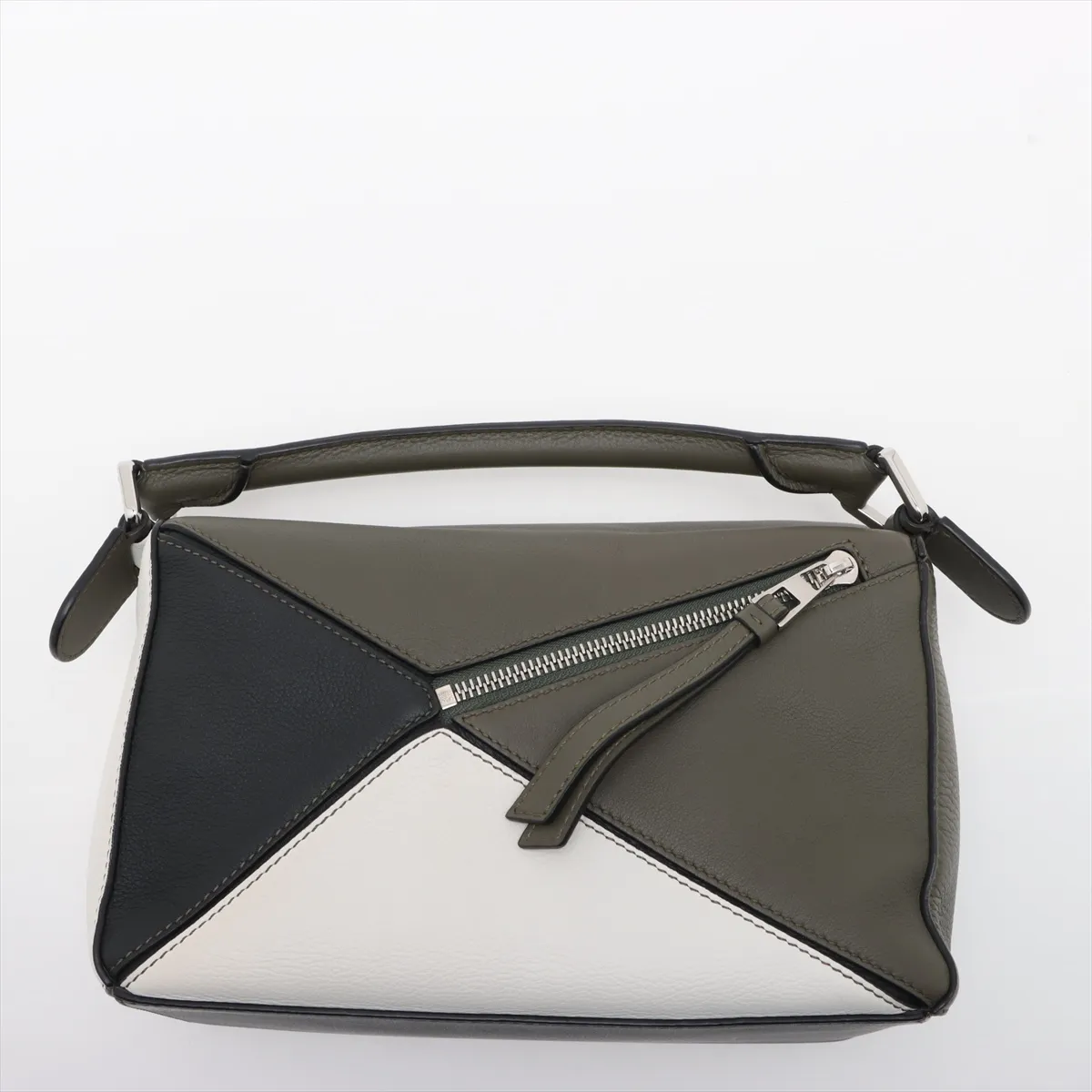 Puzzle Bag Small Leather 2WAY Handbag Khaki x White x Black — view 6